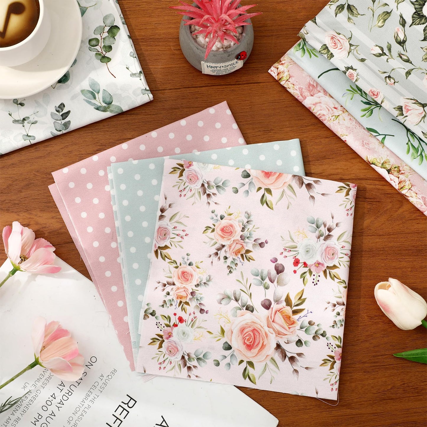Whaline 12 Pcs Cotton Fabric Bundles Floral Greenery Fabric Square Pink Green Retro Flower Sewing Fabrics for Spring DIY Handmade Craft Decor, 14 x 14 in
