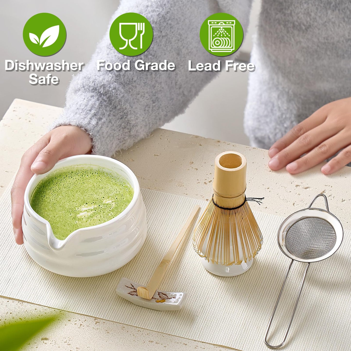 Matcha Whisk Set, Japanese Tea Set (5pcs) includes Matcha Bowl with Spout (19 oz), Bamboo Whisk and Matcha Scoop, Whisk Holder, Stainless Steel Sifter, Tea Making Tools, Matcha Kit