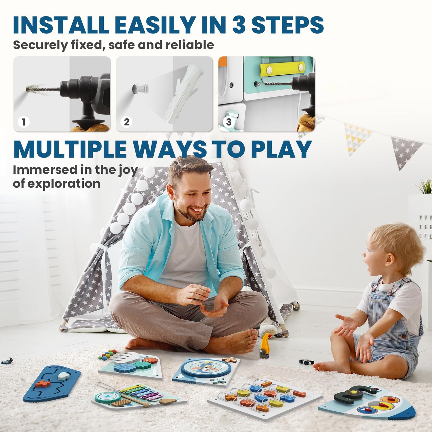 BlueWood Wooden Wall Busy Board Panels, Toddler Learning Activity Center, Montessori Philosophy Sensory, Educational Toys, Conducive to All-Round Development - Aircraft