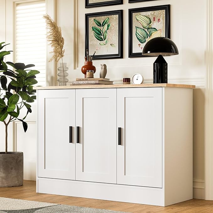 Anystyle 43.3”W White 3 Door Buffet Cabinet, Coffee Bar with Adjustable Shelf, Kitchen Sideboard for Living Room, Kitchen