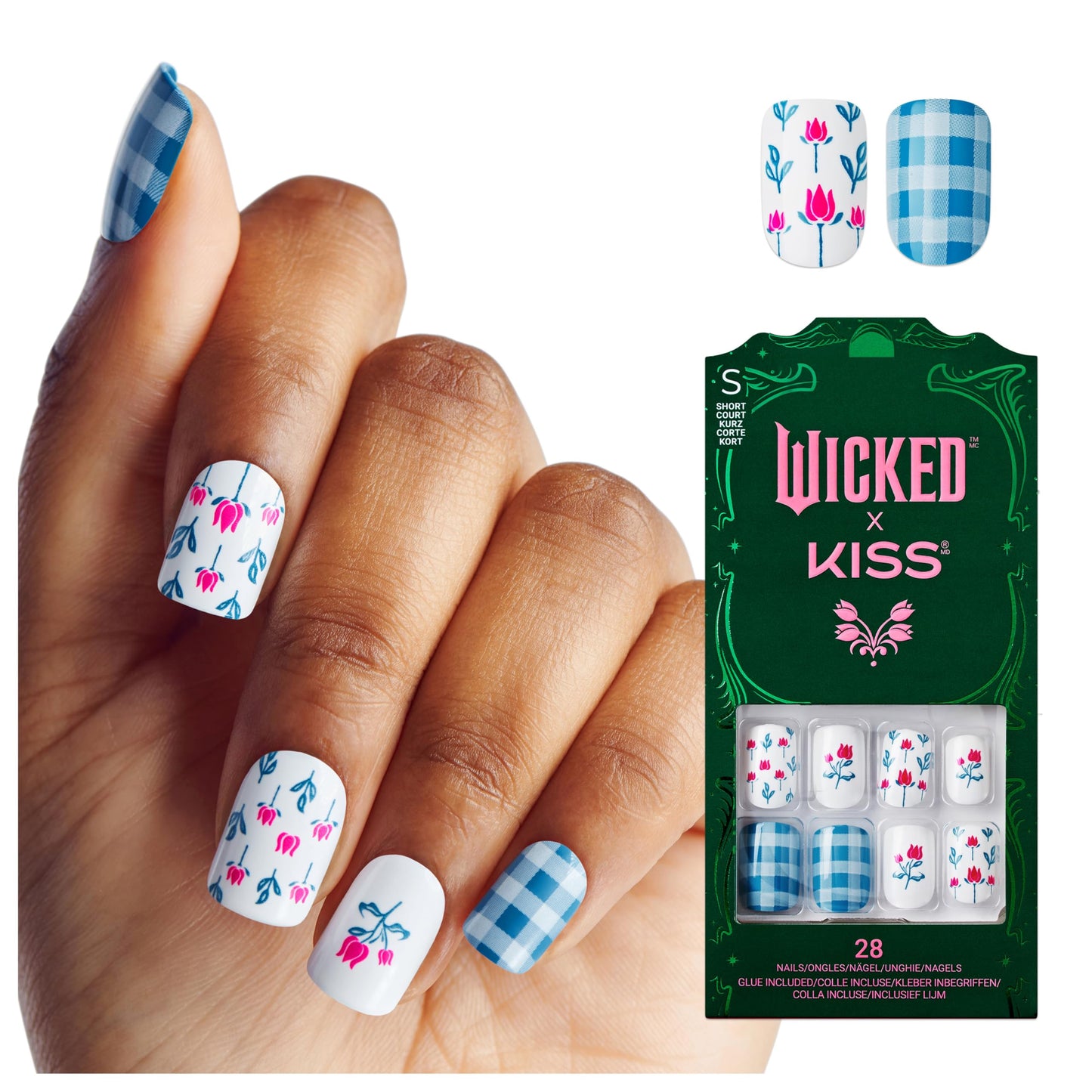 WICKED X KISS Press On Nails, ‘Marvelous Munchkinland’, Blue, Short Squoval, Waterproof, Chip Proof, Smudge Proof, 28 Fake Nails, Pink Gel Nail Glue (2g), Mini Nail File, & Manicure Stick