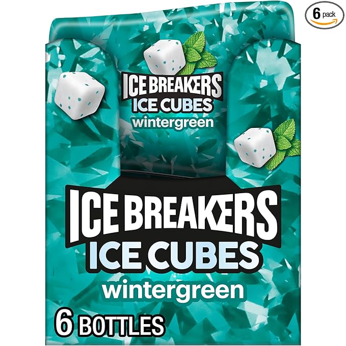 ICE BREAKERS Ice Cubes Wintergreen Flavored Sugar Free Chewing Gum Bottles, 3.24 oz (6 Count, 40 Pieces)