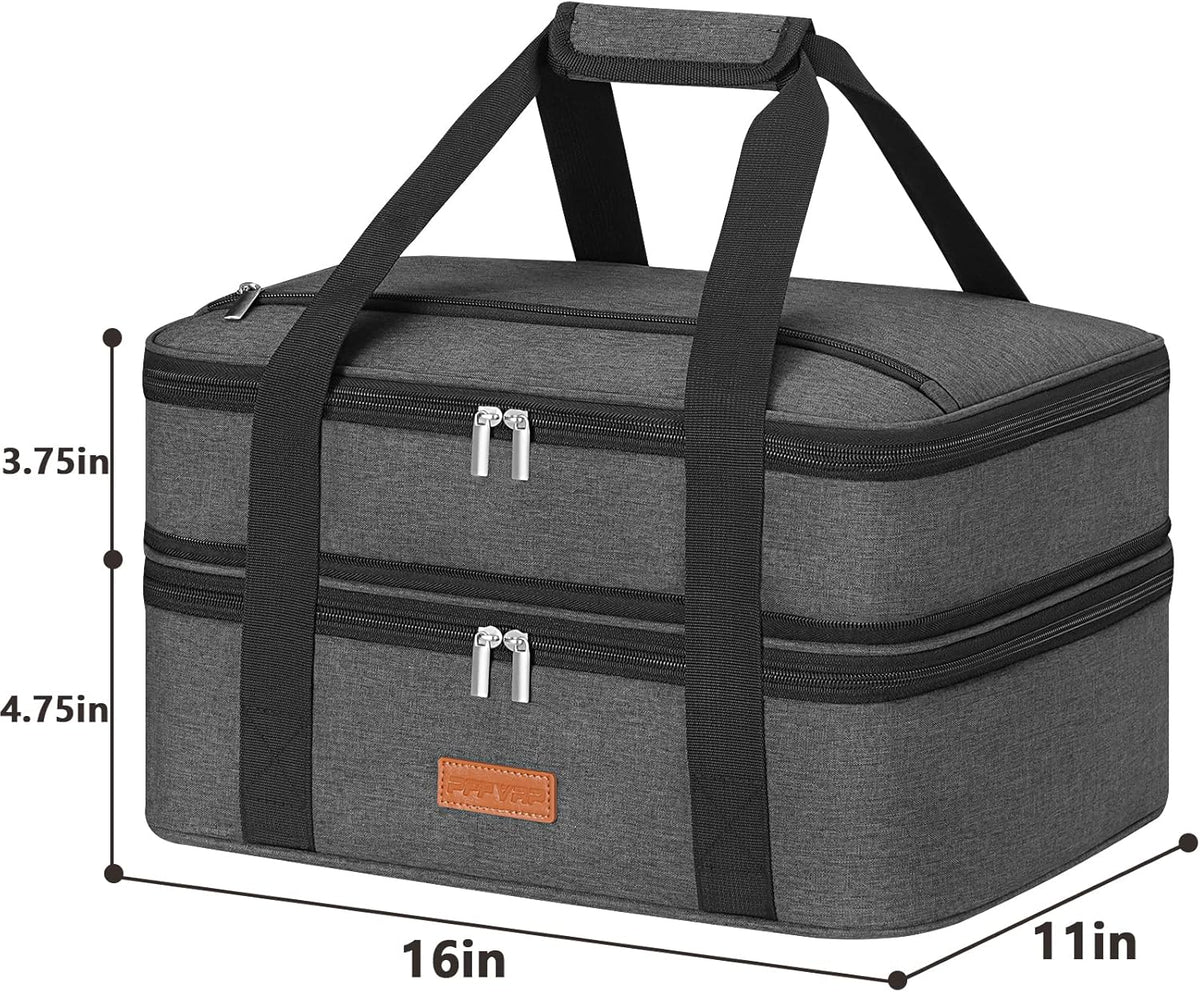 Double Decker Insulated Casserole Carrier for Hot or Cold Food, Expandable Food Carrier for Potluck Parties, Picnic, Cookouts, Fits 11 x 15 or 9 x 13 Lasagna Pan, Baking Dish（Gray）