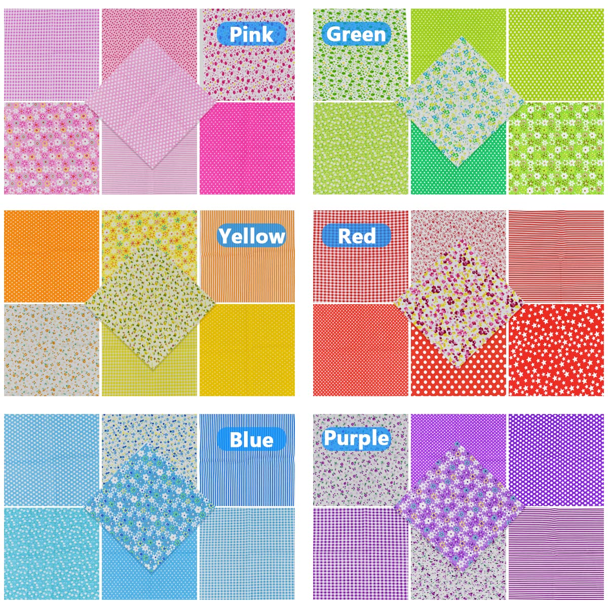 9.8X 9.8 42Pcs Cotton Print Fabric Bundle Squares Pre-Cut Multicolor Design Printed Quilting Sewing Floral for Quilting Patchwork DIY Craft Scrapbooking Cloth (Red/Yellow/Green/Blue/Pink/Purple)