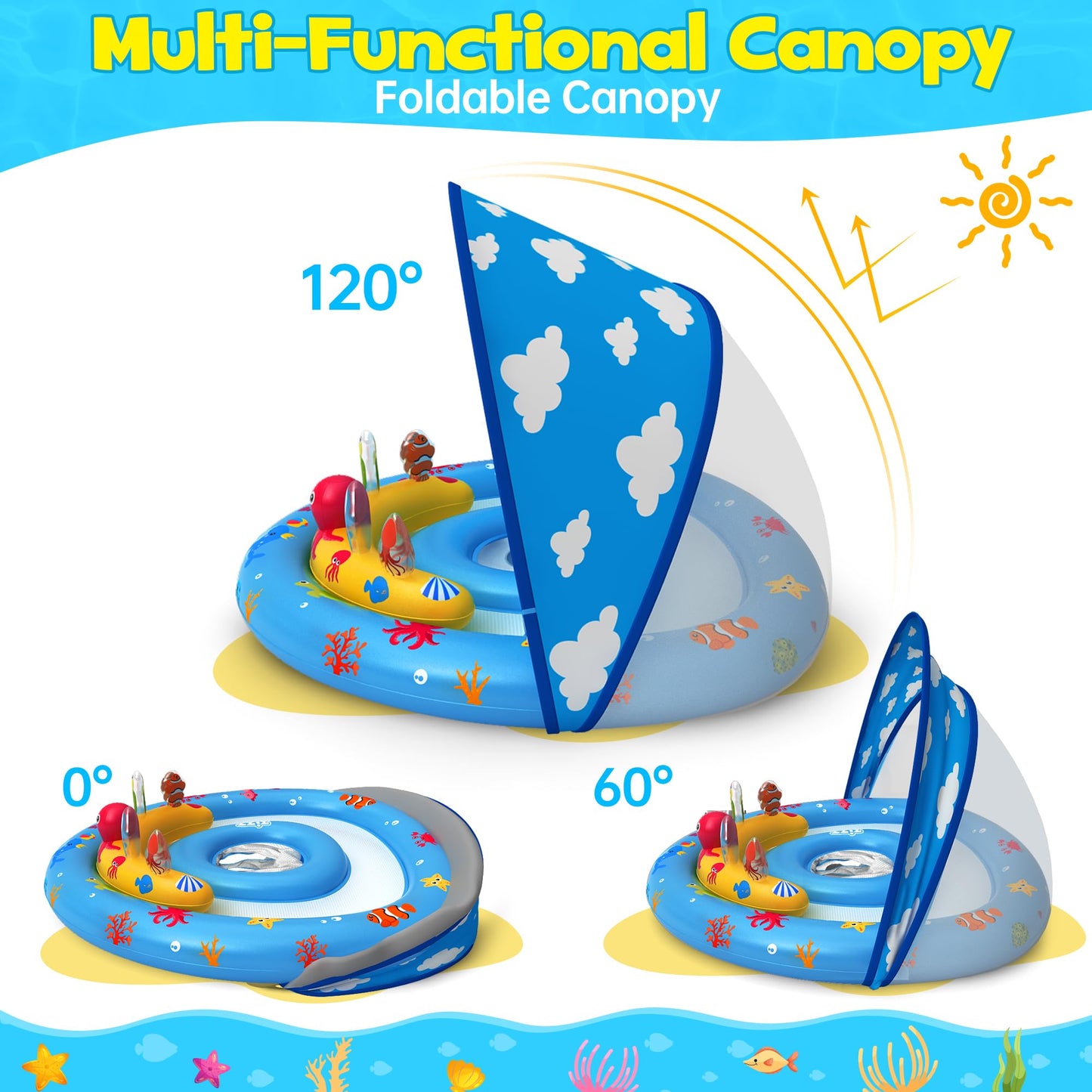 ZIZZ Baby Pool Float with Canopy - Inflatable Baby Swimming Float with UPF50+Sun Protection, Infant Pool Float with Toy Play Console Adjustable Seat for Boys Girls Toddler 6-36 Months
