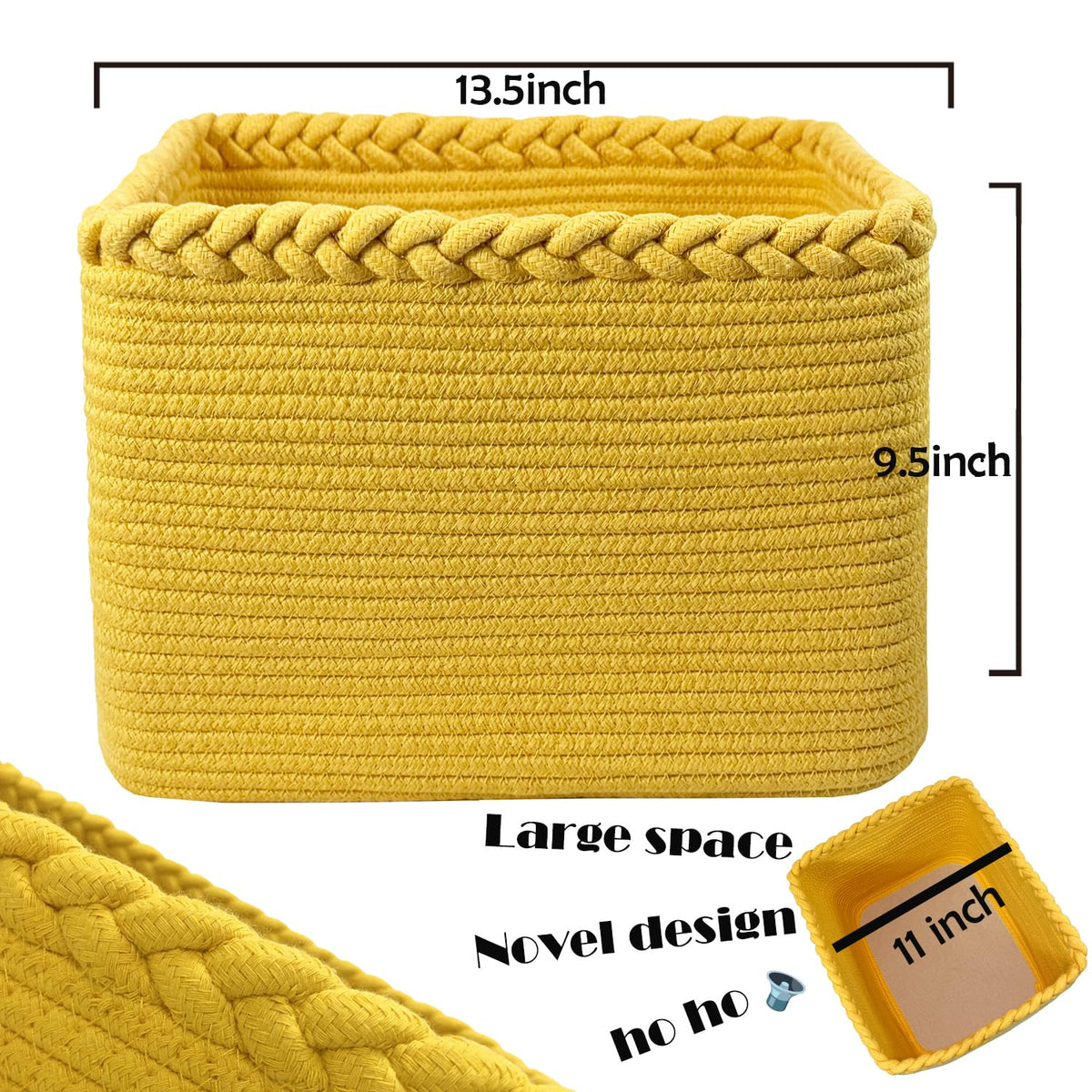 3PACK Cotton Rope Square Basket with Handles for Shelves (3 Count)
