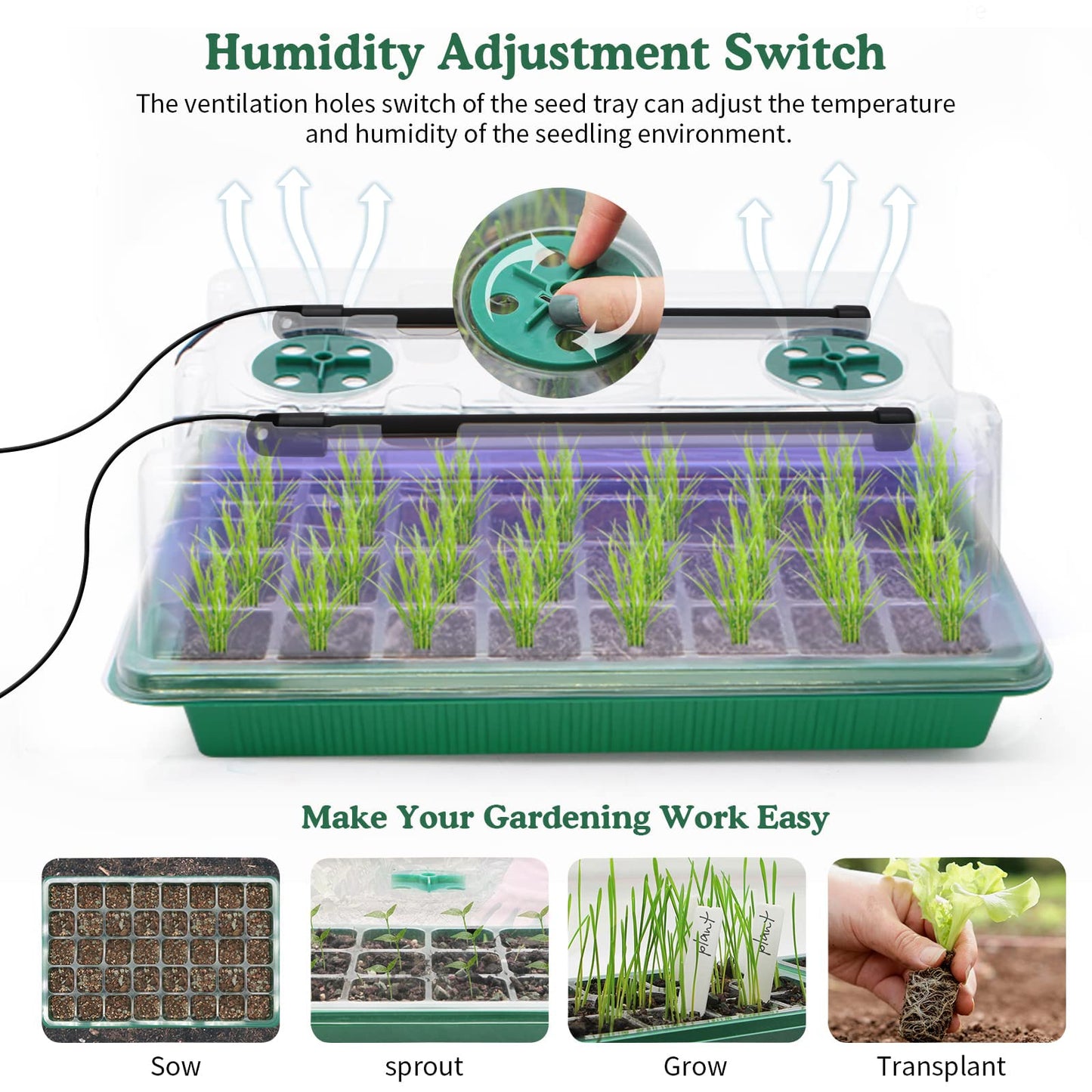 MQUPIN 80-Cell Seed Starter Tray with Grow Light, 2-Pack Adjustable Brightness Seed Starter Kit with Humidity Dome,Smart Timer,Watering Sprayer,Seeder,Plant Germination Kit for Seeds Growing