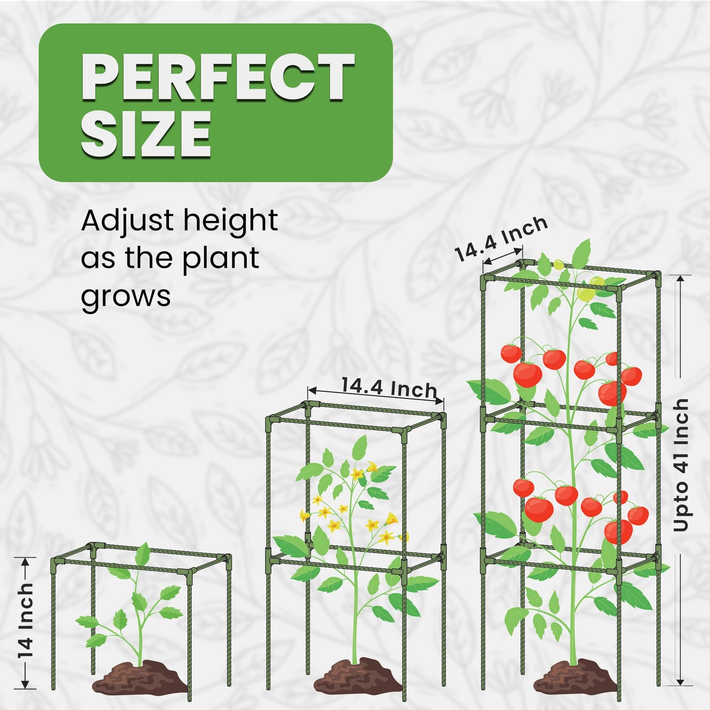 Square Tomato Cage - Large Trellis Stakes and Plant Support Structures for Vegetables and Climbing Plants - Tall Tomato Cages for Garden, Pots, Raised Garden Bed Outdoor Supplies (3 Pack - Up to 41")