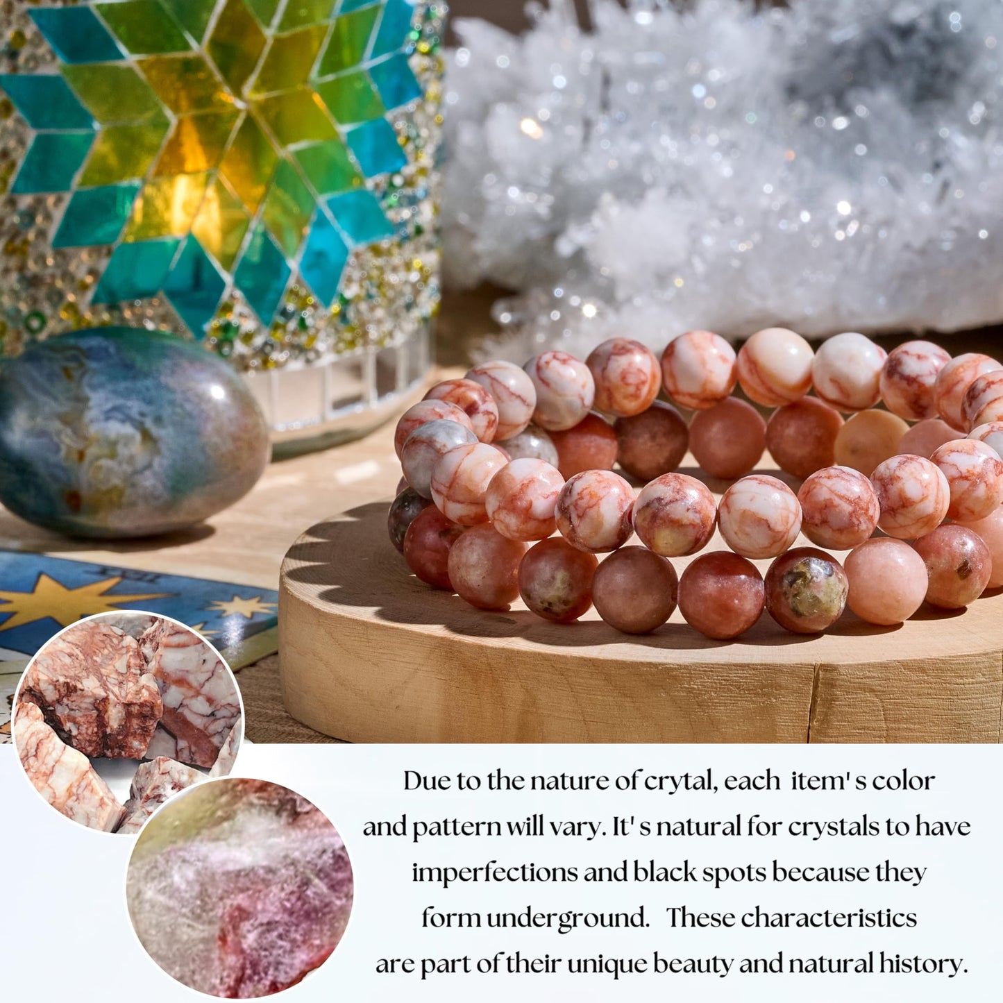 Bivei Natural Gemstone Semi Precious Healing Crystals Handmade Stretchy Round Beads Bracelet,Stocking Stuffers for Women(Red Vein Jasper & Plum Blossom Jade (Good Luck & Opportunities) Large)
