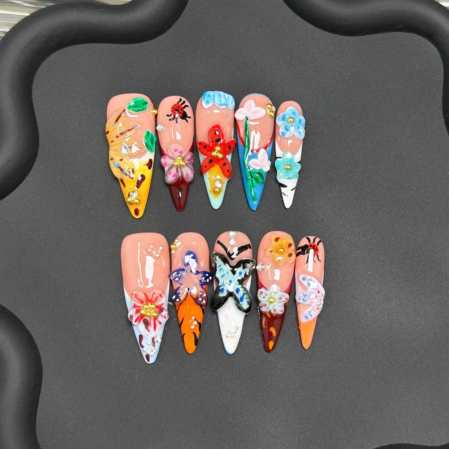Handmade 3D Sweet Pastoral 3D Floral Stiletto Press On Nails, Playful Rhinestone Artisan Nails Set, Reusable Glossy Press-ons with Tool Kit(S)