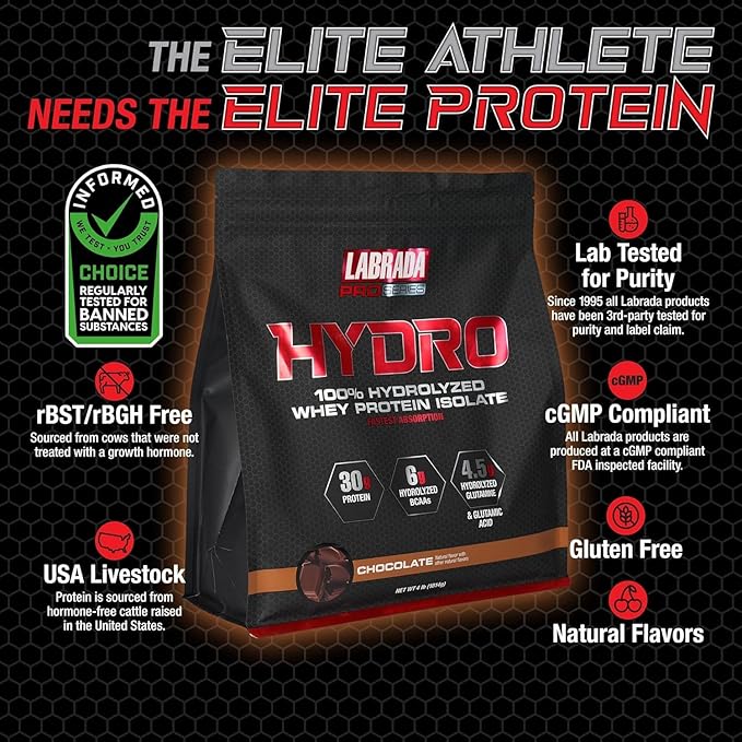 Labrada Hydro 100% Pure Hydrolyzed Whey Protein Isolate Powder, Lactose Free, Glutamine, Fastest Digesting Whey Available, Instant Mixing, Delicious Taste 47 Servings 4lb (Chocolate)