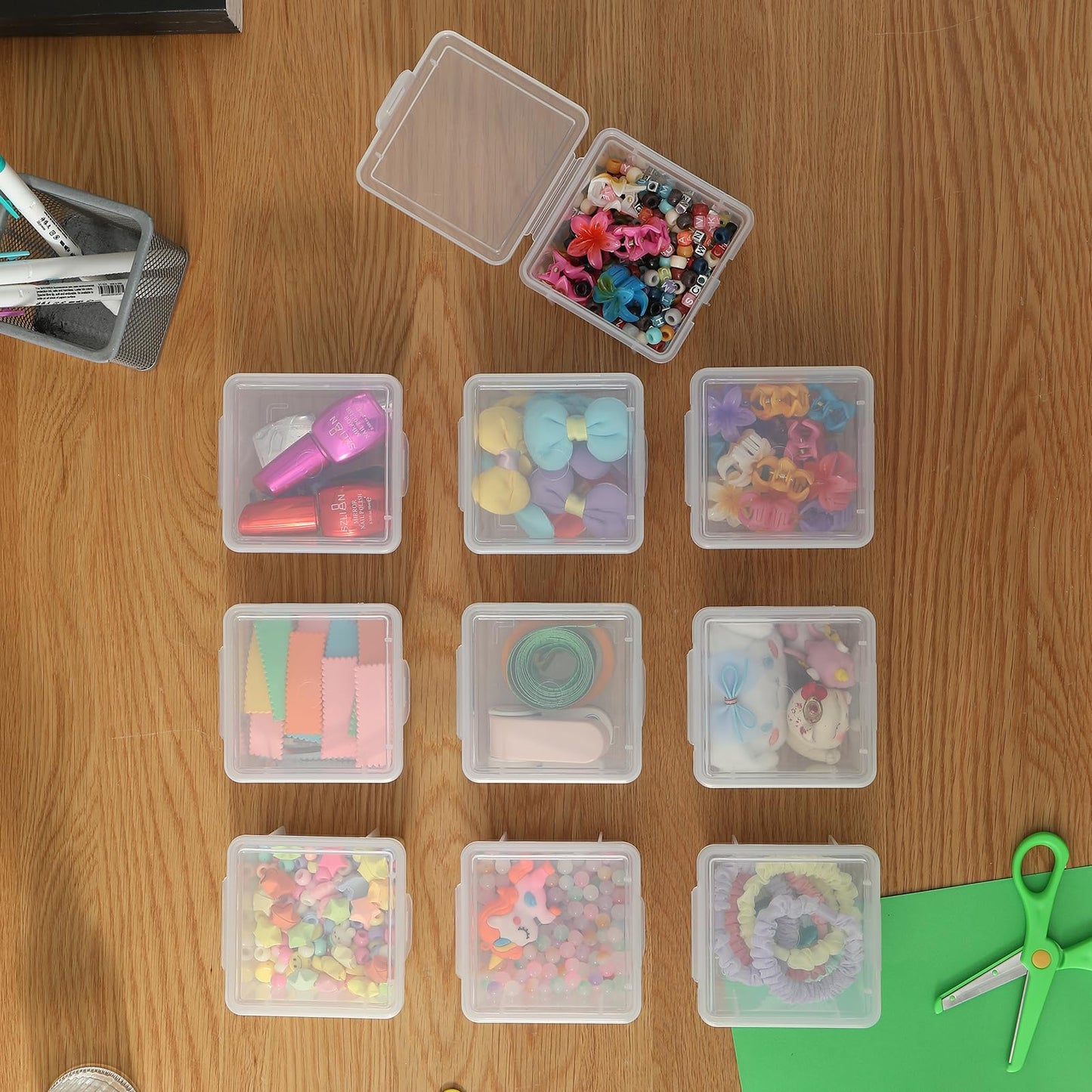 Swuj 10-Pack Small Plastic Containers with Lids, Clear Stackable Storage Boxes & Bins Organizer for Bead Organizer, Craft Storage, Stickers, Jewelry & Small Items – Square Small