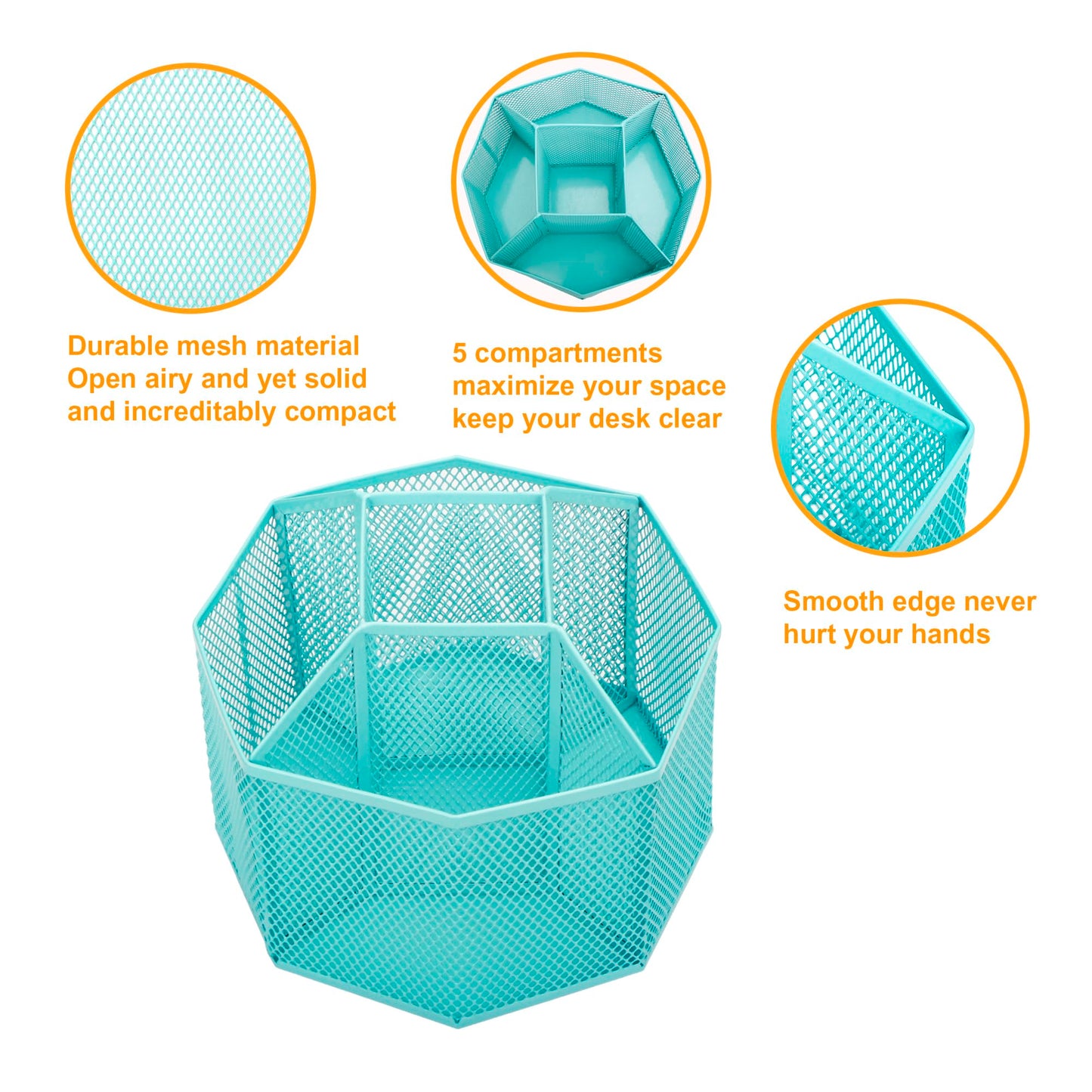 Annova Mesh Desk Organizer Rotate with 5 Compartments Spinning Tidy Candy/Pen Holder Office, Art Supply, Storage, Classroom, Home (Turquoise)
