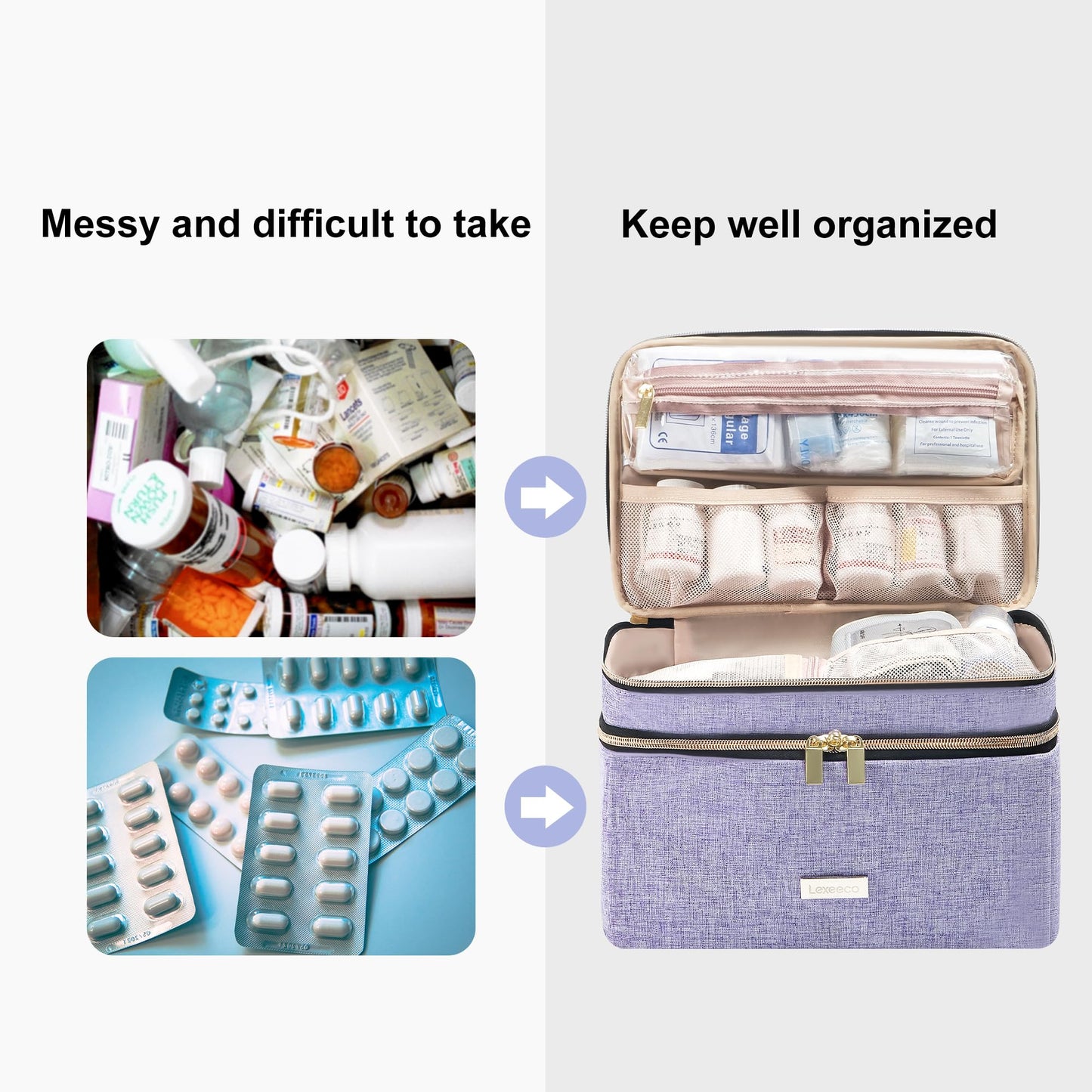 Lexeeco Medicine Storage Bag Pill Bottle Organizer with Portable Small Pouch Travel Medication Bottle Organizer for Emergency Home First Aid Box Kit (Purple)