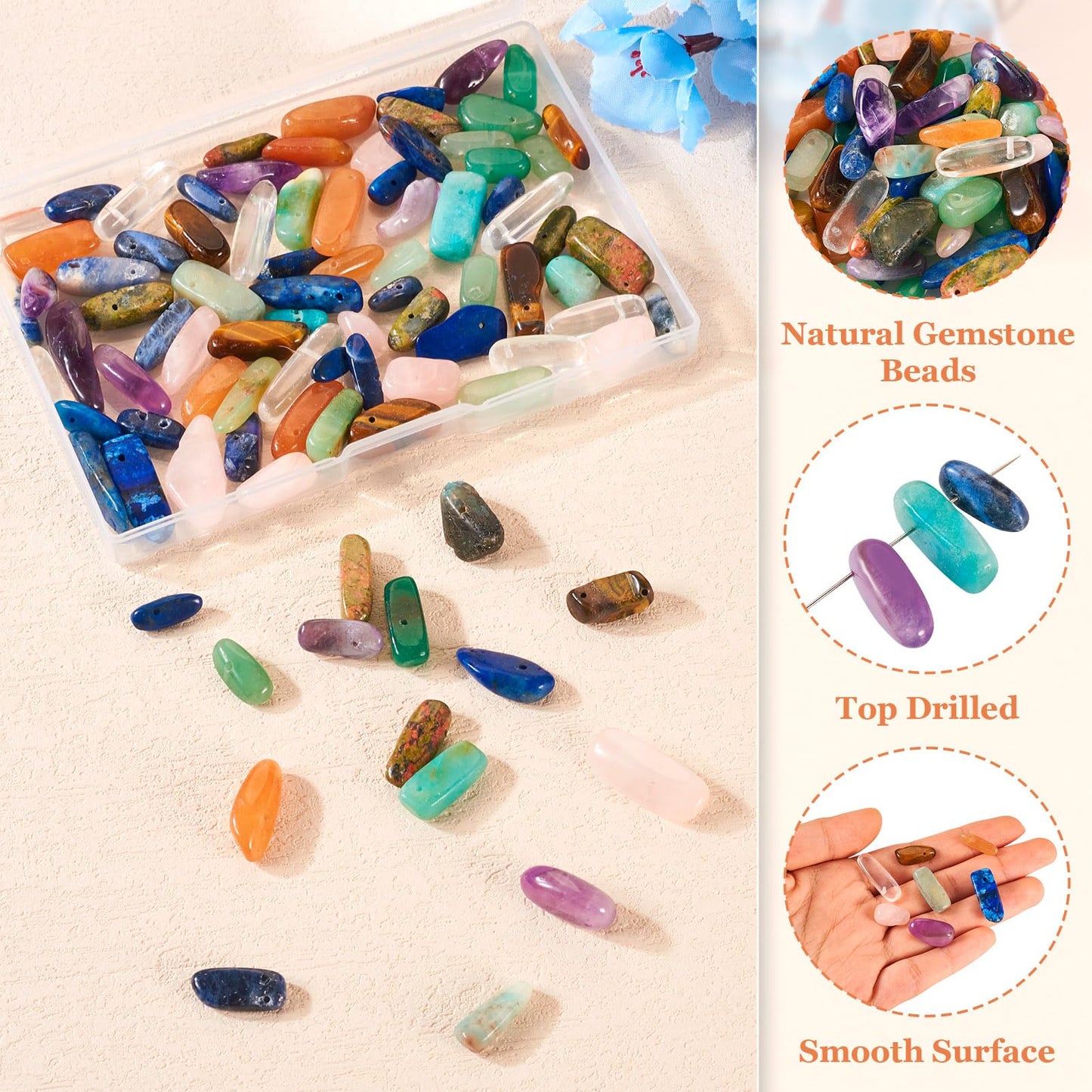 100Pcs Natural Gemstone Nuggets Beads Genuine Natural Gemstone Chip Beads Irregular Gemstone Bead Crystal Stone Bead Top Drilled for Bracelet Necklace Earrings Crafts
