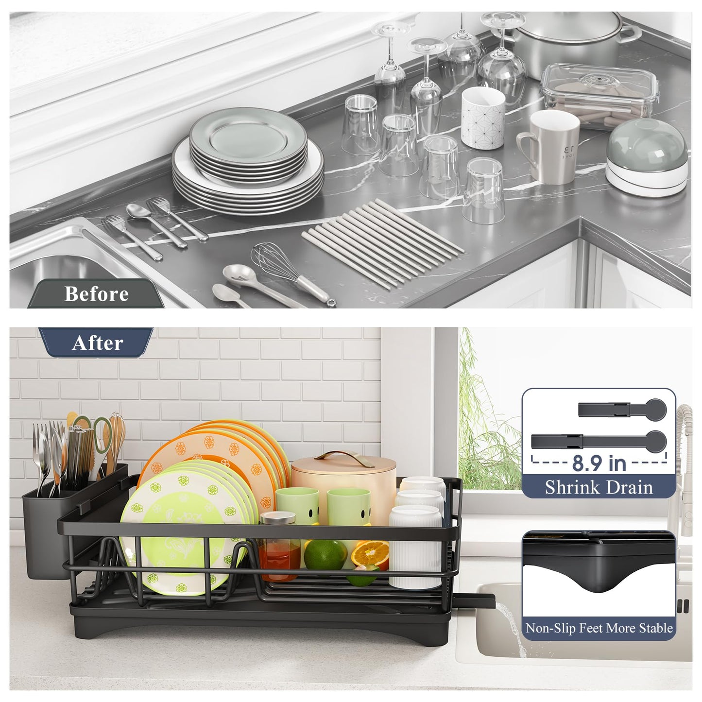 Dish Drying Rack - Rust Resistant Dish Drainer for Kitchen Counter with Drainboard & Rotating Spout, Large-Capacity Dish Rack with Removable Utensil Holder, Space-saving kitchen organizer, Black