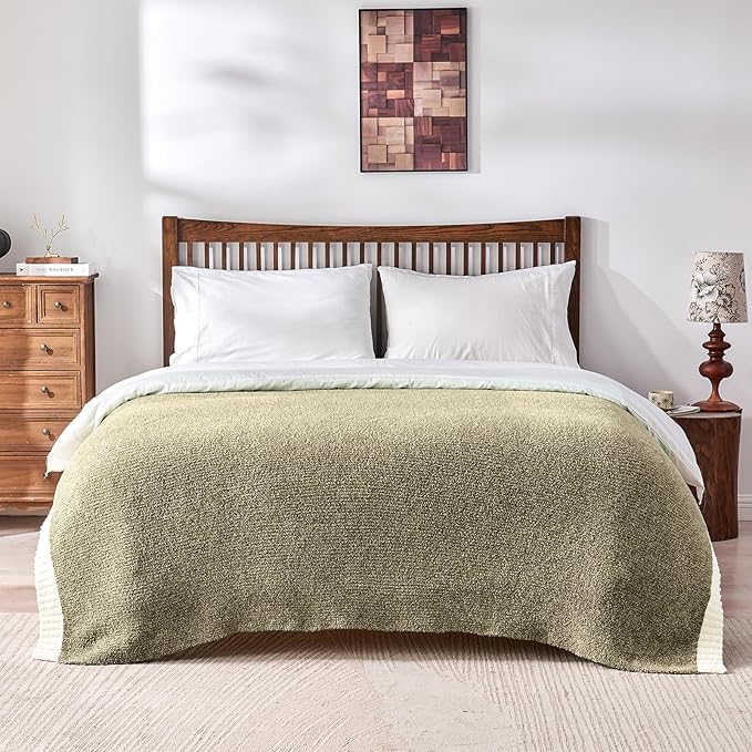 CozeCube Melange Blanket, Ultra Soft Olive Green and White Throw Blanket, Warm Cozy Knit Fuzzy Plush Reversible Throw for Couch Bed Sofa, 50"x60"