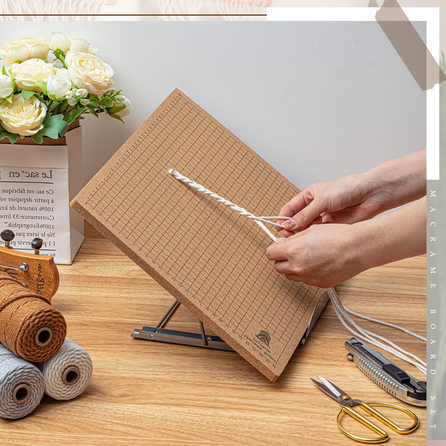 Tandefio 104 Pcs 12x16 Inch Macrame Board and Metal Adjustable Holder with T Pins Clips Macrame Project Supplies Tools Double Sided Grids for Braiding Cording Bracelet Creating