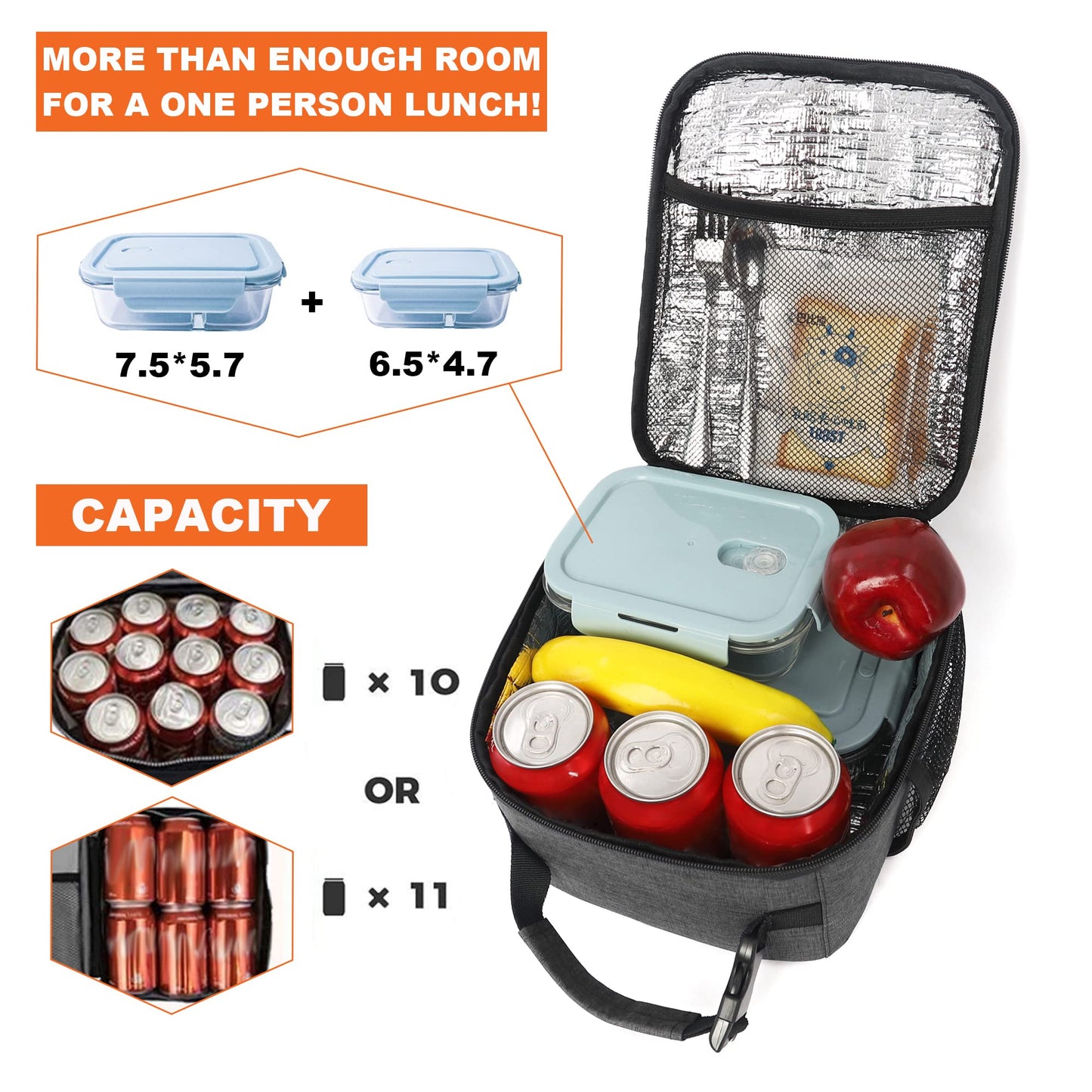 Femuar Lunch Box for Men Women Adults Small Lunch Bag for Office Work Picnic - Reusable Portable Lunchbox, Charcoal Grey