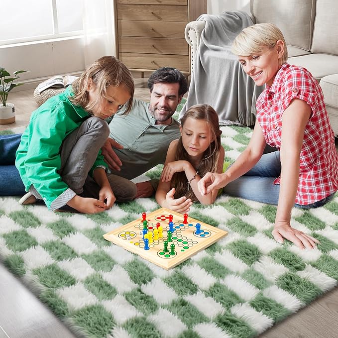 Area Rugs for Bedroom Living Room,8x10 Green and White Fluffy Soft Checkered Rug Fuzzy Shag Shaggy Carpet, Indoor Plush Floor Rugs for Kids Boys Girls Teen Dorm Nursery Home Decor