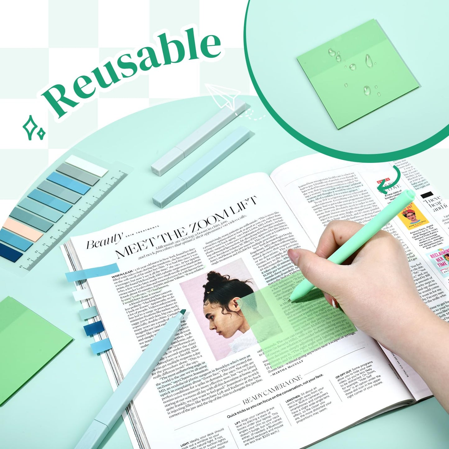 14 PCS Aesthetic Book Annotation Kit Large Checkered Pencil Case Book Lover Bookmark Dual Highlighters Gel Pens Study Supplies Stationary Set for Student Green