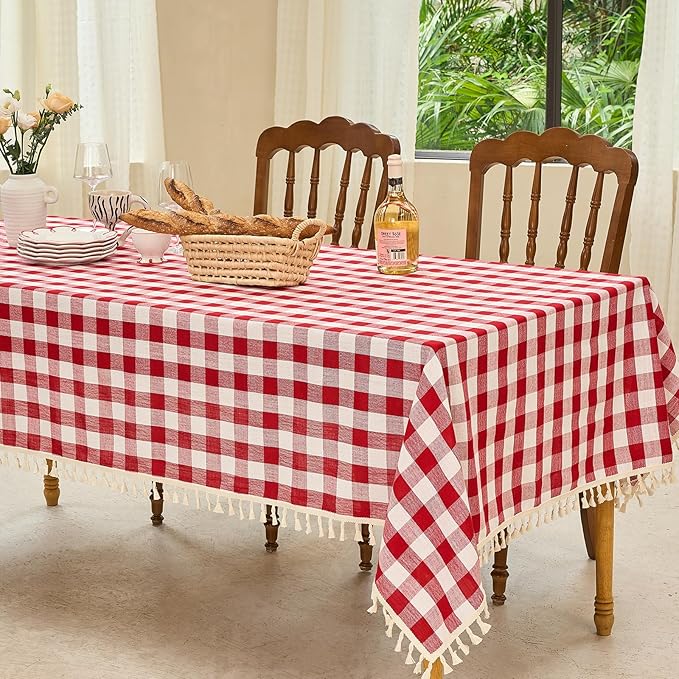 Table Cloth Rectangle Table-Rustic Gingham Tablecloth Buffalo Plaid Table Cloth for Thanksgiving Christmas Kitchen Dining Room (55x120 Inch,Red and White)