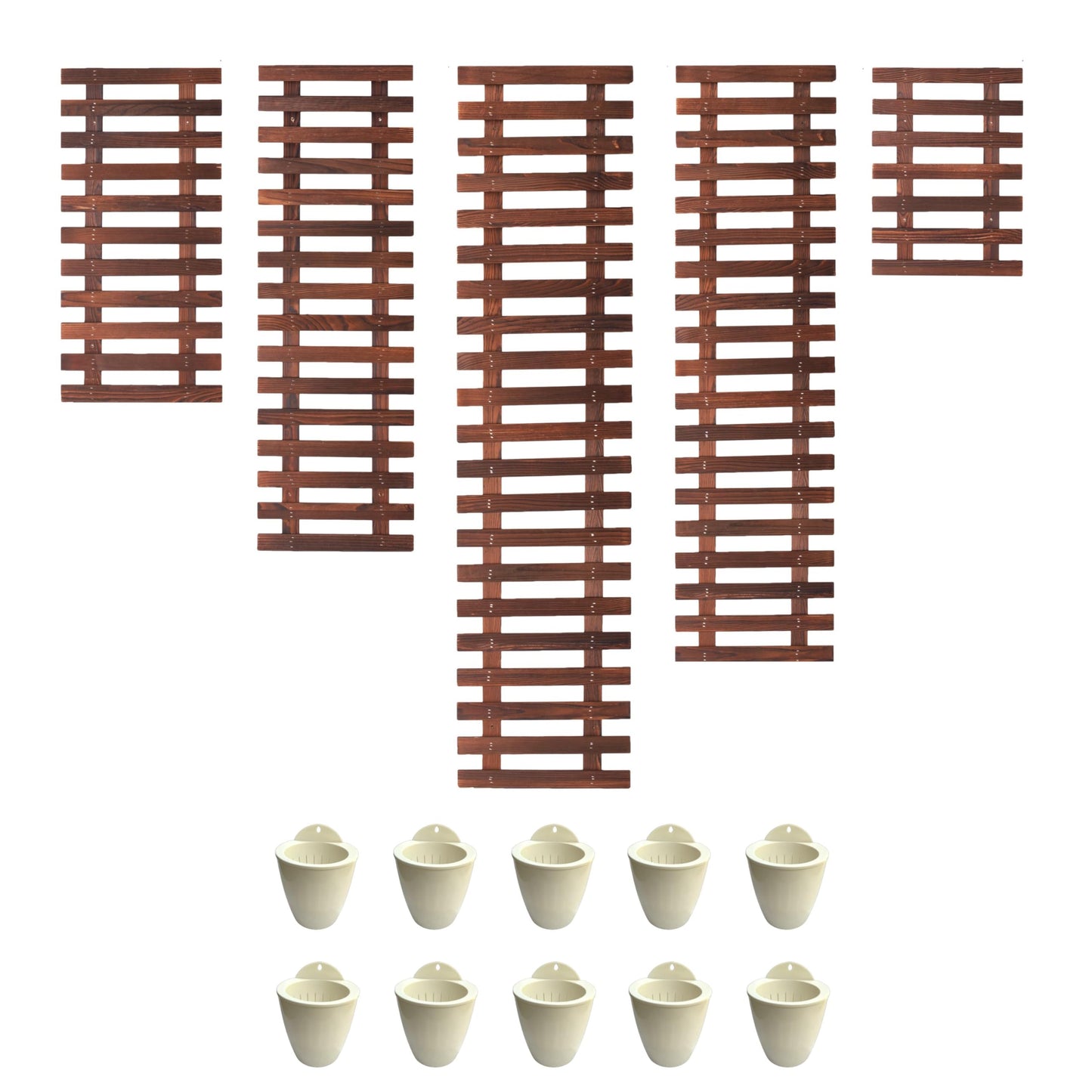 ShopLaLa Bundle- 5 Pack Set Wooden Plant Holder + 10 Pack, 5 Inch White Self Watering Plastic Pots Trendy Live Hanging Wall Mounted Indoor Vertical Hydroponic Garden System Large Rustic Shelves Frame