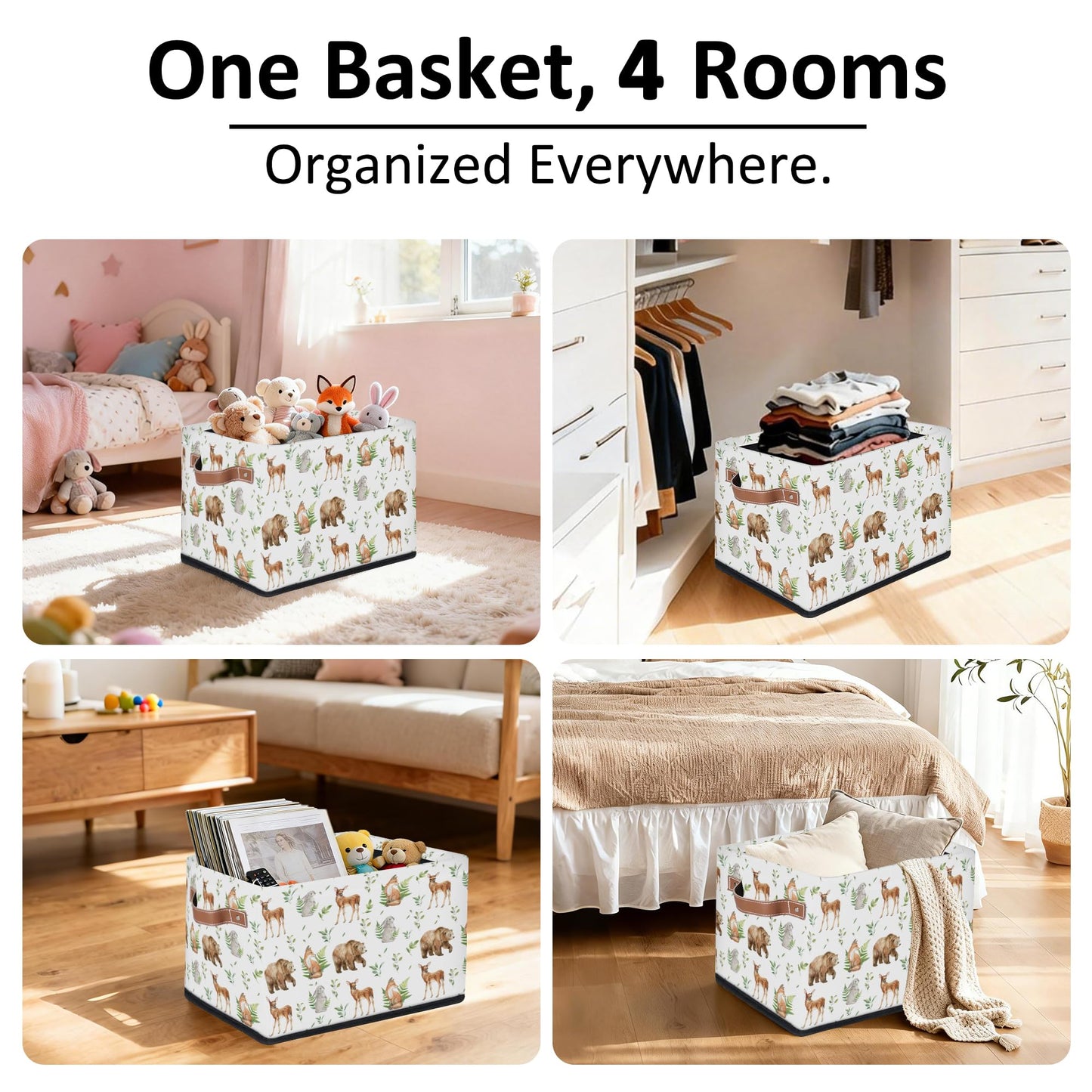 Rectangular Kids Bear Storage Basket Bins - Waterproof Foldable Woodland Animals Storage Box with Sturdy Metal Frame and Handles, Collapsible Organizer for Toys, Blankets in Kids Room Playroom Nursery
