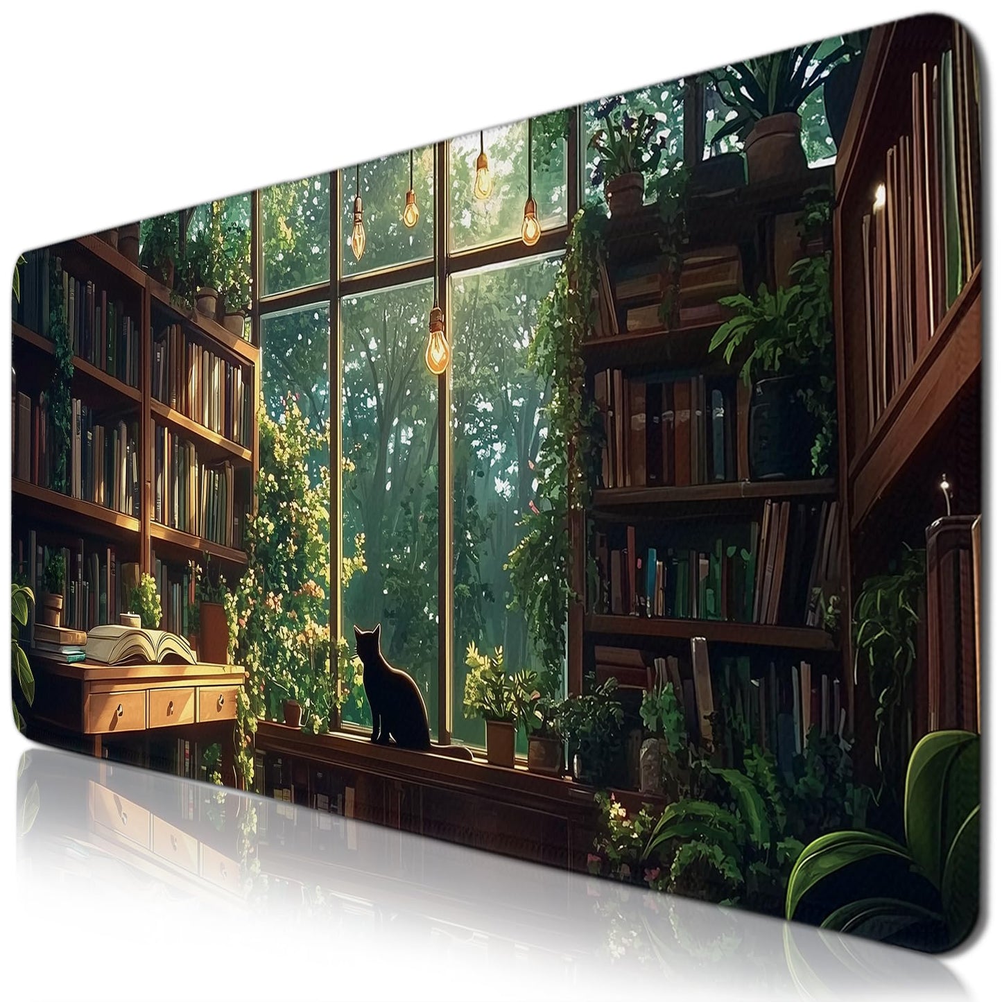 Green Plants Cat Gaming Mouse Pads Large, Full Cat Mousepad Cut, Computer Keyboard Desk Accessories Mat with Non Slip Base Stitched Edge, Gift for Cats Lovers Gift for Christmas 11.8”x 31.4”XL