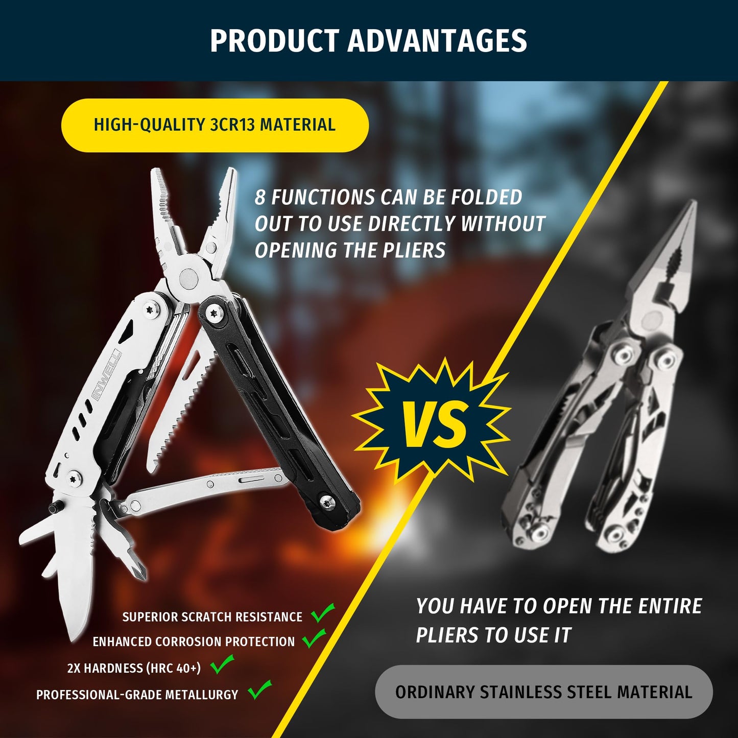 INWELL 12-in-1 Multitool Pliers with Safety Lock, Fire Starter & Whistle, Stainless Steel Pocket Knife, Camping Multitool with Detachable Scissors for Outdoor Survival, EDC Gear