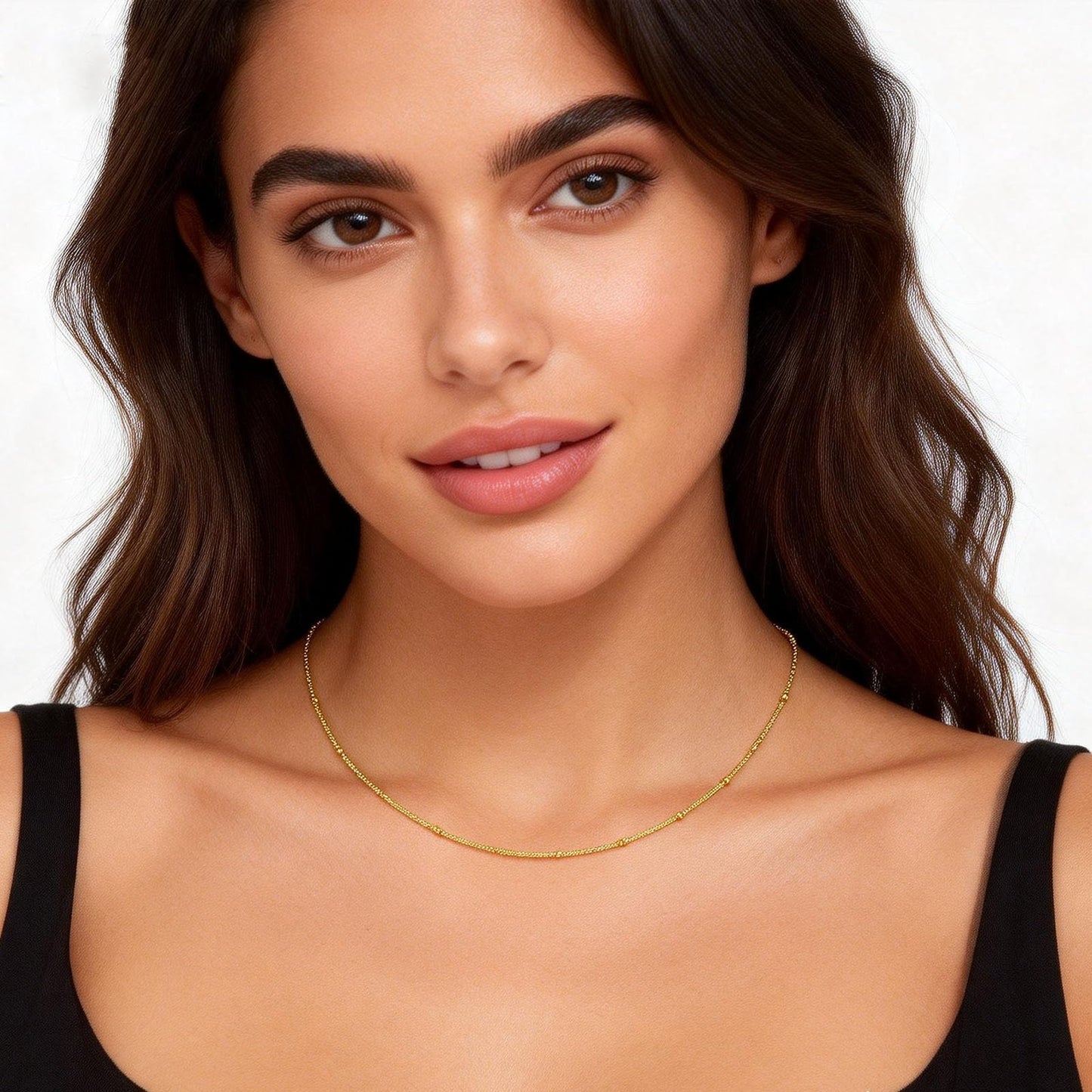 MAIKERDER 14K Gold Plated Thin Satellite Chain Necklace for Women Minimalist Dainty Simple Gold Beaded Necklaces Non Tarnish 18 Inches