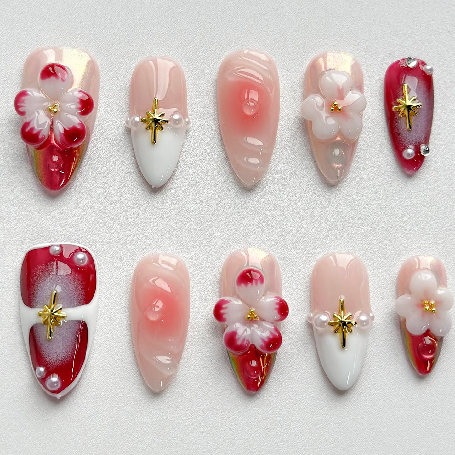 Luxury Press on Nails Medium Almond Handmade 3D Unique Reusable ABS Material Fake Nails Chrome French Tip False Nails with Designs Pink Flower Pearls Glossy Glue on Nail Thick Acrylic Nail(S)
