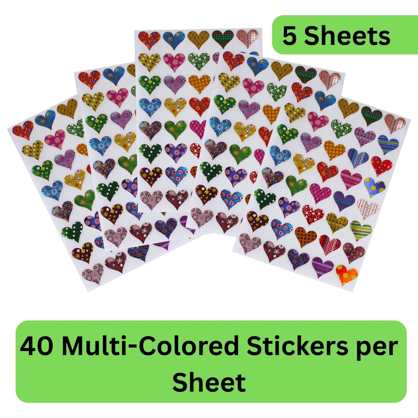Valentines Sticker Hearts – Shiny Metallic Assorted Patterns Heart Stickers in Red, Pink, Blue, Gold, Green, Purple, Stars, Flowers, Stripes and Dots - Permanent Adhesive - 200 Pack by Royal Green