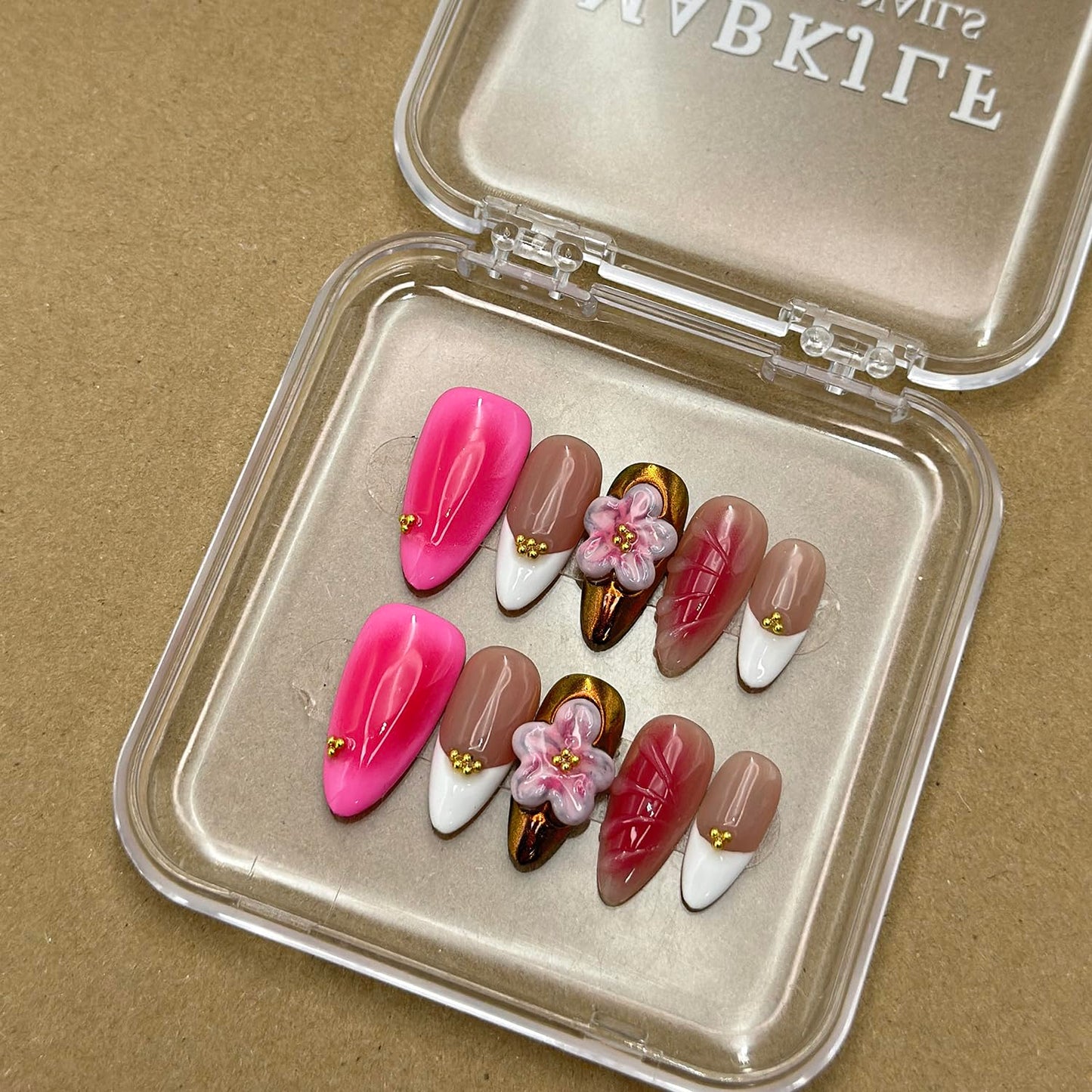 Luxury Press on Nails Medium Almond Handmade 3D Unique Reusable ABS Material Fake Nails White French Tip False Nails with Designs Pink Flower Art Petal Glossy Glue on Nails Thick Acrylic Nails(M)