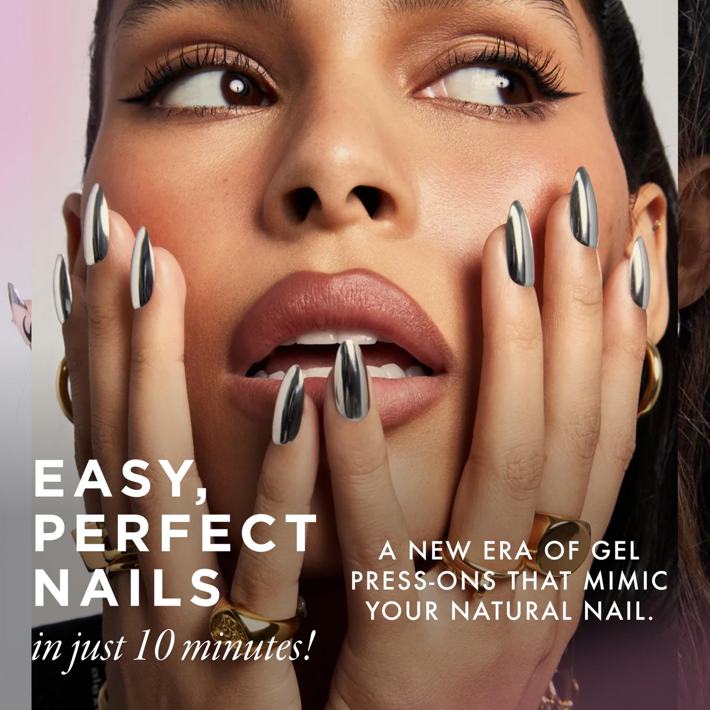 Lost Angels Gel Press On Nails - Chrome Press On Nails - Say Less - Metallic, Shiny, Mirror FInish - Almond Medium Length - Easy Kit with Adhesive Tab or Glue - 30 Count, 15 Sizes