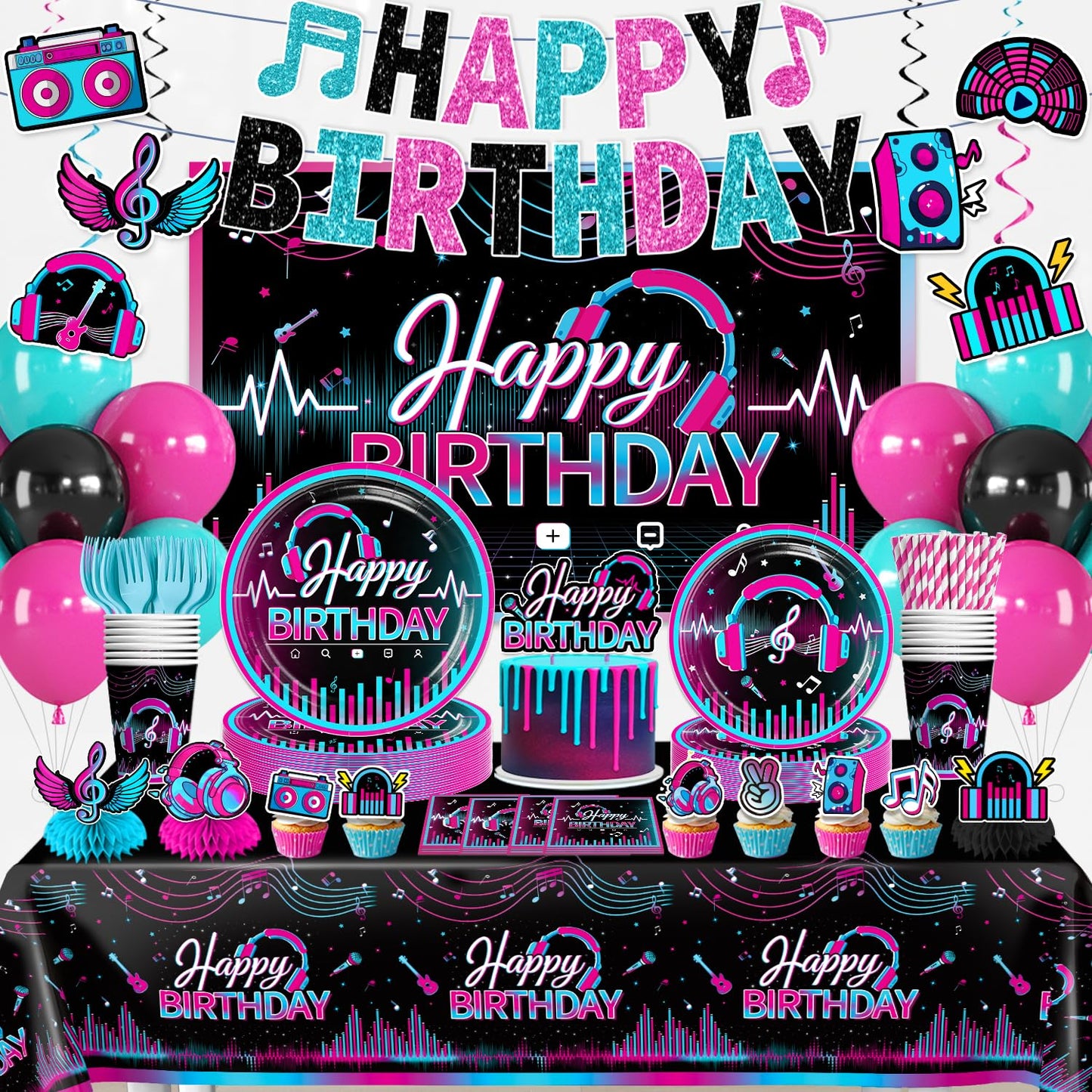wellspar 208pcs Karaoke Party Decorations Complete Tableware Set, for 25 Guests, Karaoke Birthday Party Decorations, Disposable Plates, Pre-strung Banner, Tablecloths for Music Birthday Decor