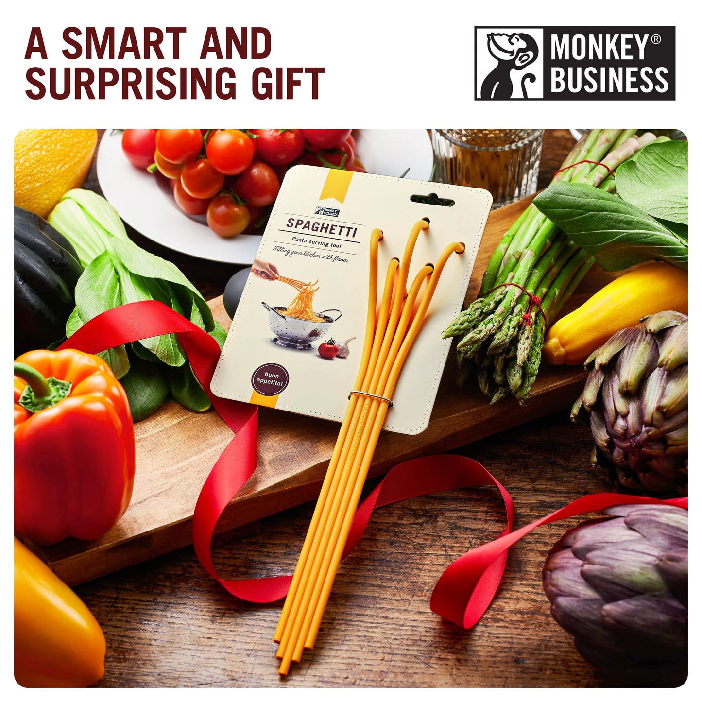 Fun Spaghetti-Shaped Plastic Spaghetti Spoon/Pasta Fork from a Series of Pasta-Inspired Kitchen Gadgets | Cool Pasta Spoon to Claw and Serve Pasta | Original Kitchen Accessories | by Monkey Business