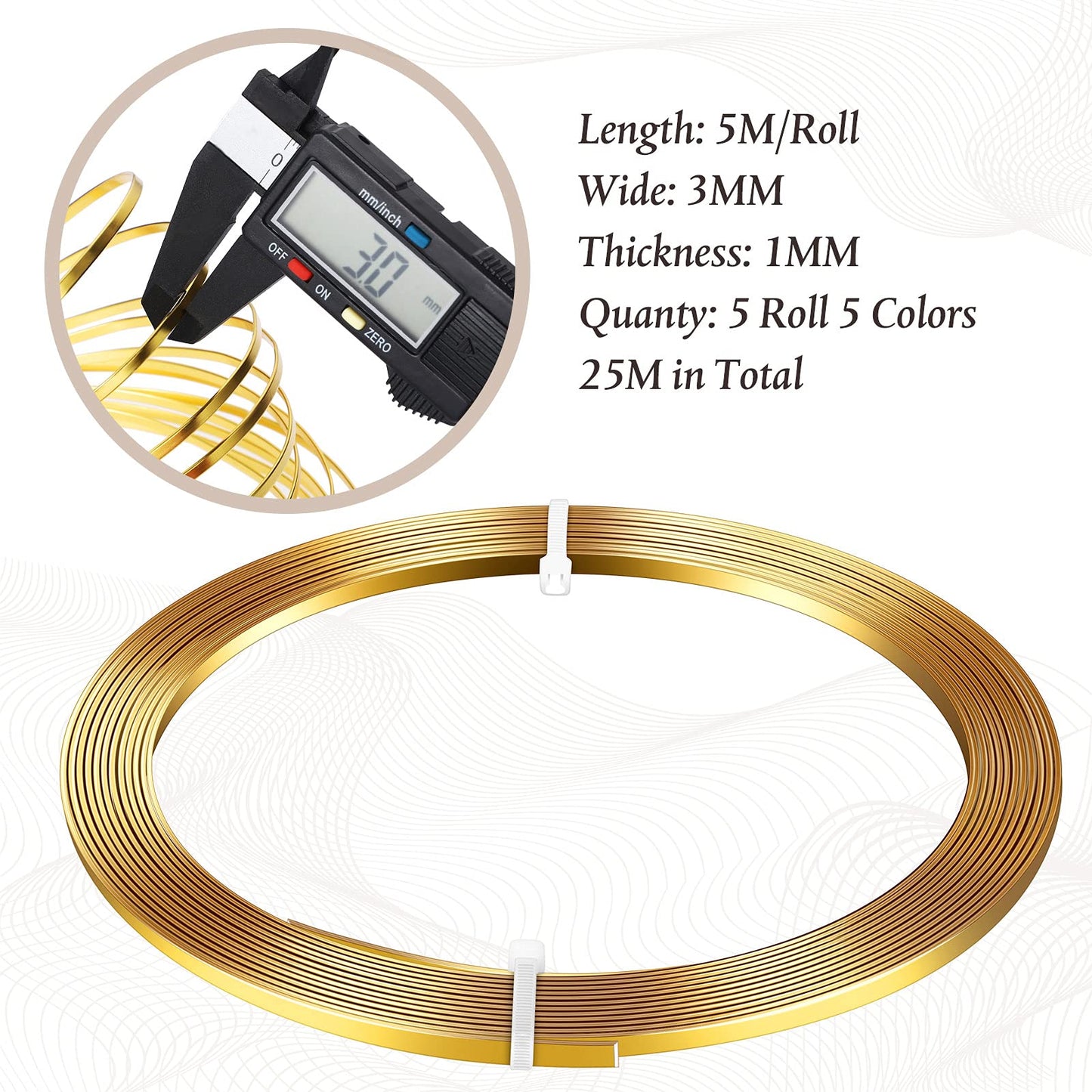 Hotop 5 Rolls Flat Aluminum Wire Bendable Anodized Craft Wire for Jewelry Making Soft Metal for DIY Bezel Sculpting, 16.4 Feet 3 mm, Gold, Silver, Black, Light Copper, Brown