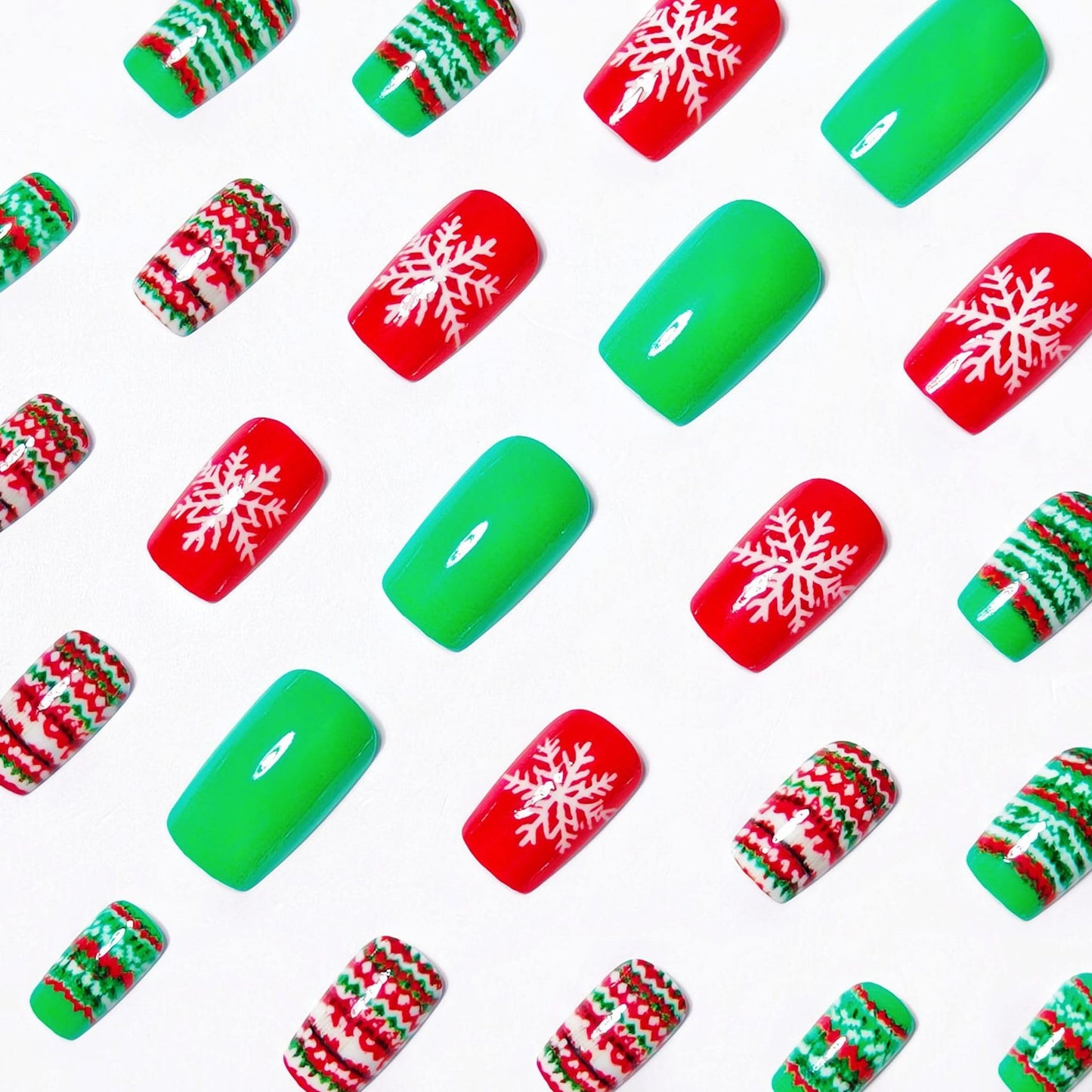 Christmas Press on Nails Red Short Fake Nails with Snowflake Designs Stripe Square False Nail for Women Glossy Full Cover Stick on Nails Xmas Glue on Nail for Women 24Pcs