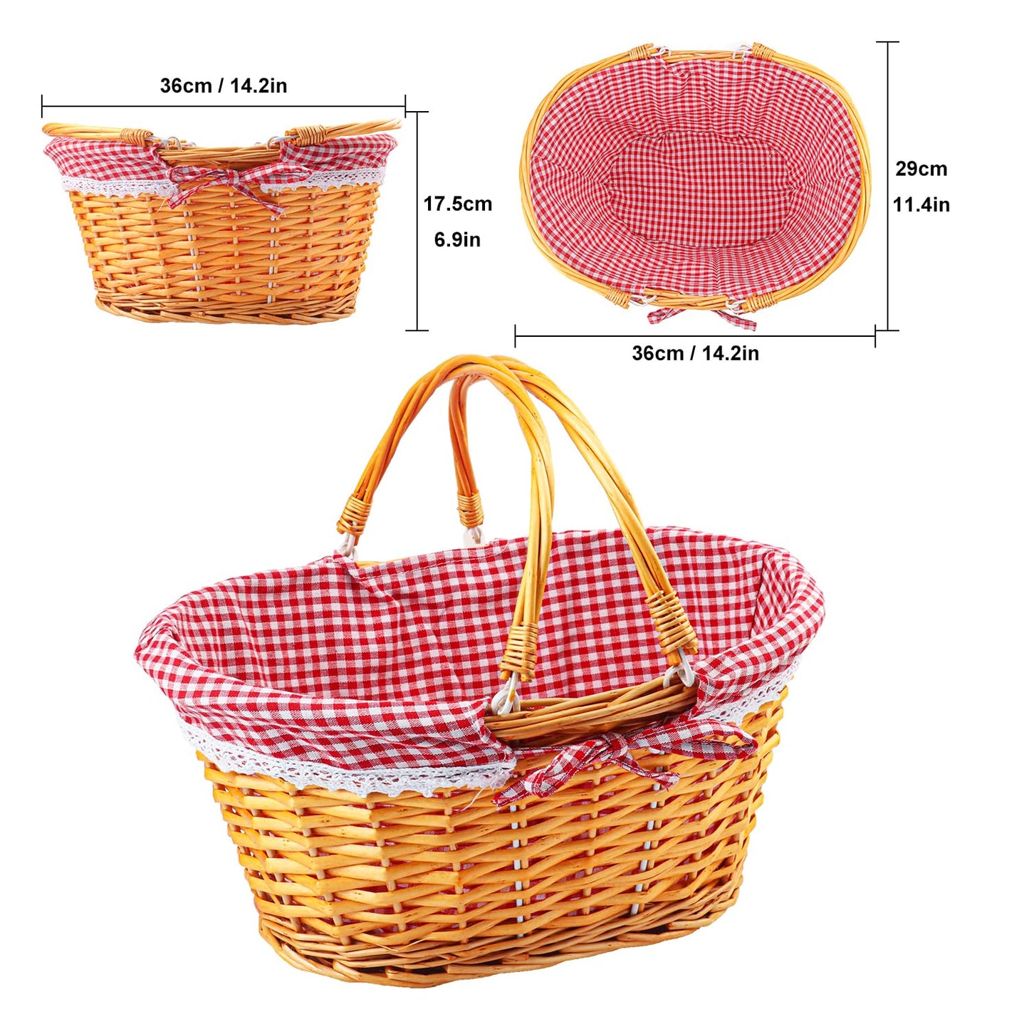Geytetqi 1 Pack 14.2 Inch Natural Wicker Basket with Checkered Lining, Oval Wicker Woven Basket with Handle, Willow Woven Picnic Baskets for Picnic, Camping, Party(Large)