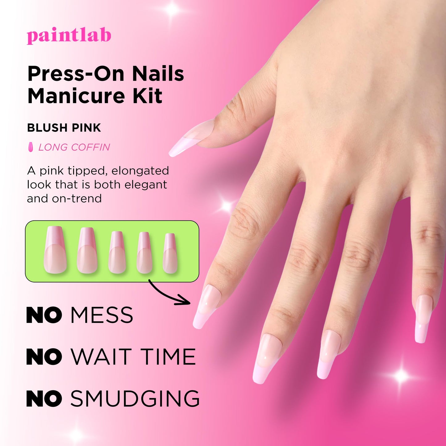 PaintLab Press On Nails - Blush Pink Coffin Fake Nails, 30 Nails in 15 Sizes with Glue, Reusable Salon Quality Press On Nails