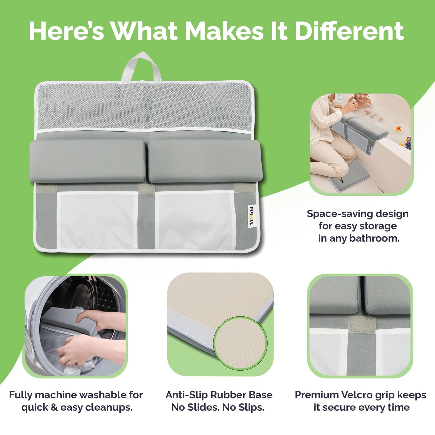 Wobbi Baby Bath Kneeler and Elbow Rest Pad Set - 1.5" Thick Memory Foam Knee Pad for Bathing Babies - 6 Suction Cups Non Slip Bath Kneeling pad with Toy Storage - Foldable & Quick Drying-Grey