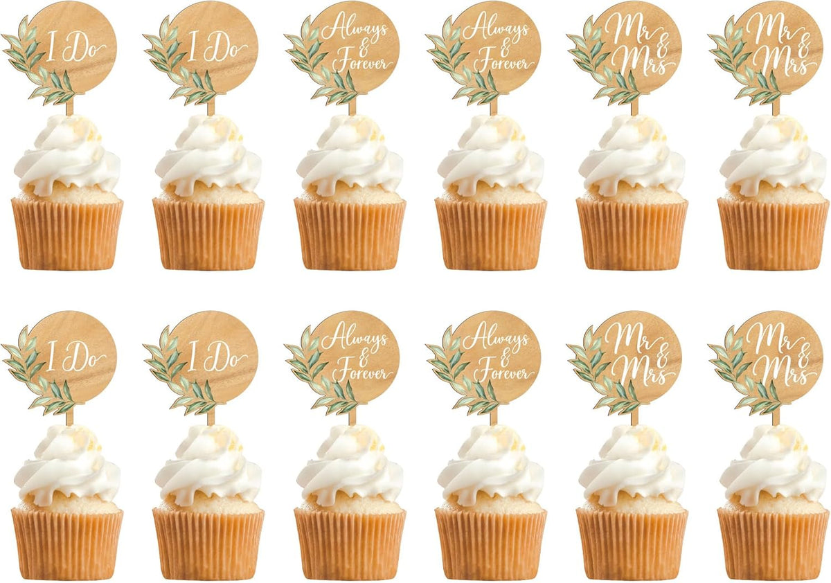 12 PCS Wedding Cupcake Toppers Green Mr & Mrs Wedding Cake Cupcake Decorations in Wood