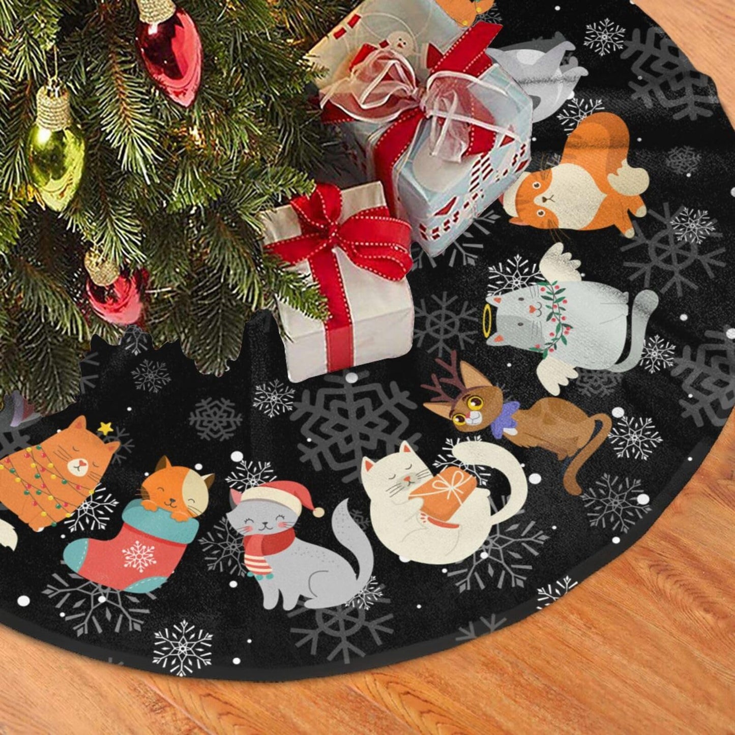 Black Cat Christmas Tree Skirt Gorgeous for Xmas Party Ornaments Holiday Decoration Accessory 30"