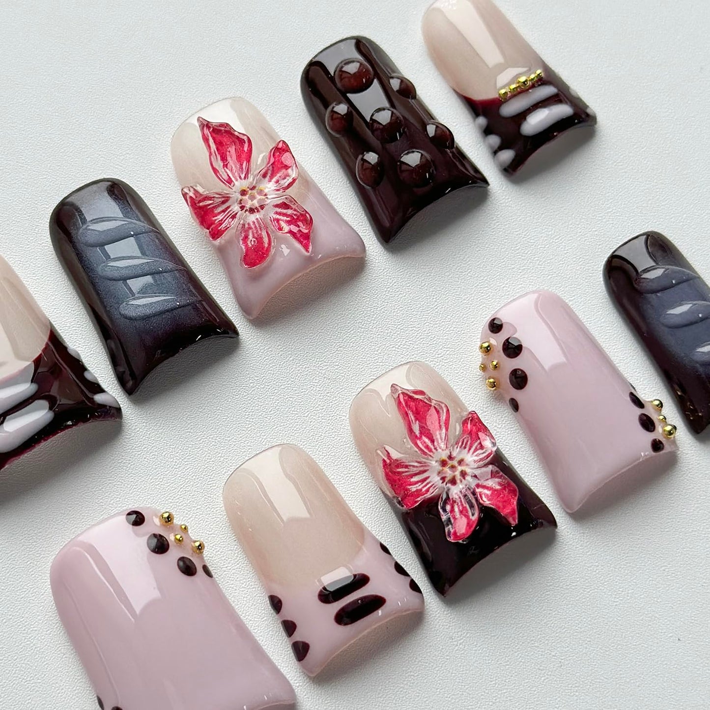 Luxury Press on Nails Short Duck Handmade 3D Unique Reusable ABS Material Fake Nails French Tip False Nails with Designs Flower Polka Dots Purple Glossy Glue on Nail Thick Acrylic Nail(S)