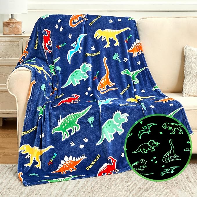 SOCHOW Glow in The Dark Dinosaur Blanket for Sons Daughters, Toys for 3-10 Year Old Preteen Teen Birthday Presents, Soft Cozy Flannel Throw Blanket for All Seasons, Blue 50 x 60 Inches