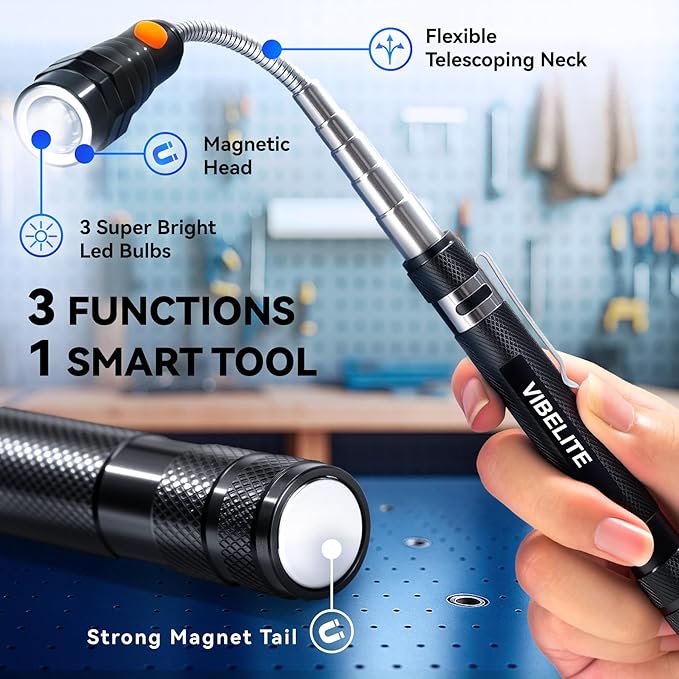 VIBELITE Extendable Magnetic Flashlight with Telescoping Magnet Pickup Tool-Cool Gadget Christmas Gifts Stocking Stuffers for Men, Husband, Dad, Father, Mechanic, Tech, Handyman, Him, Women, Black