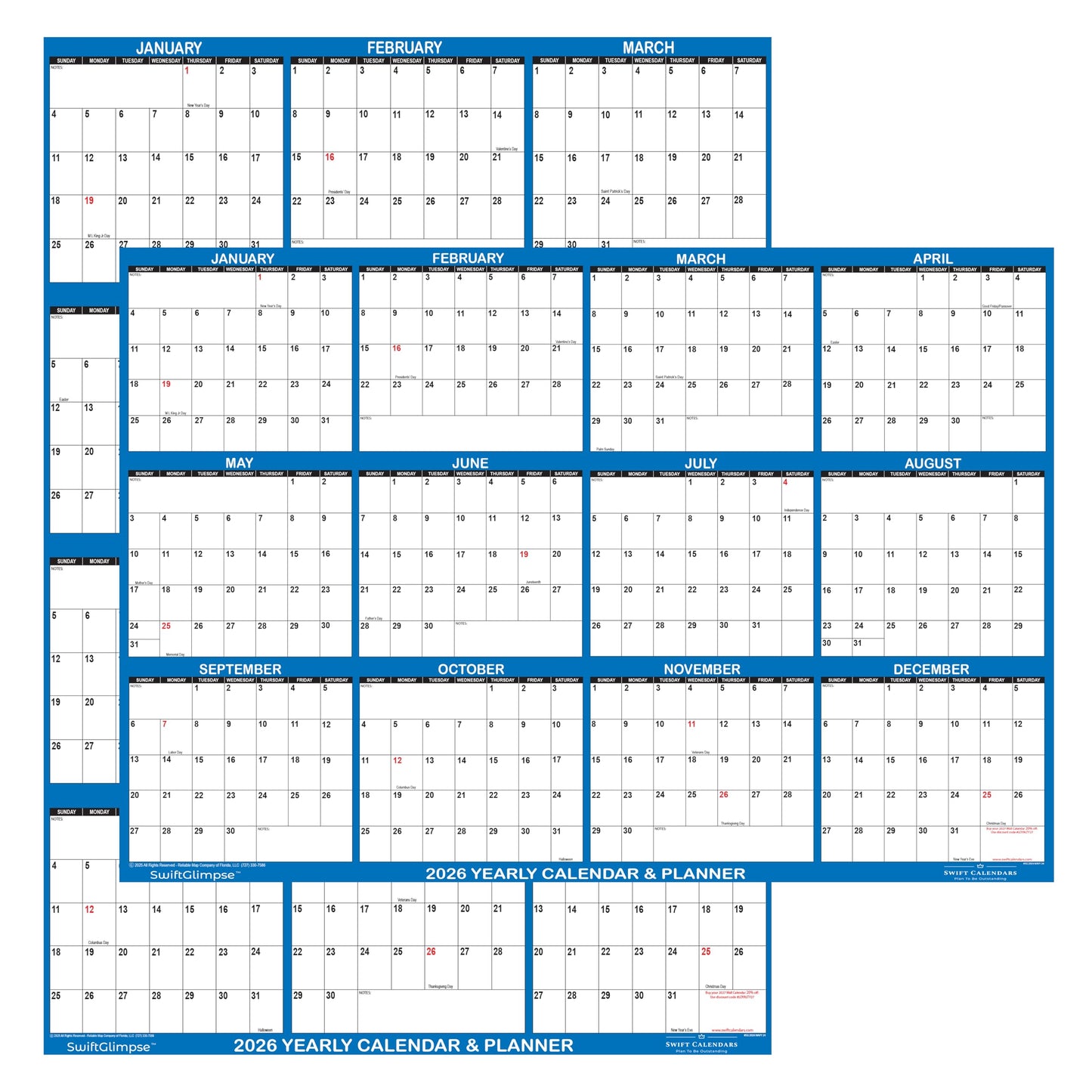 24" x 36" SwiftGlimpse 2026 Wall Calendar Erasable Large Wet & Dry Erase Laminated 12 Month Annual Yearly Wall Planner, Reversible, Horizontal/Vertical, Navy