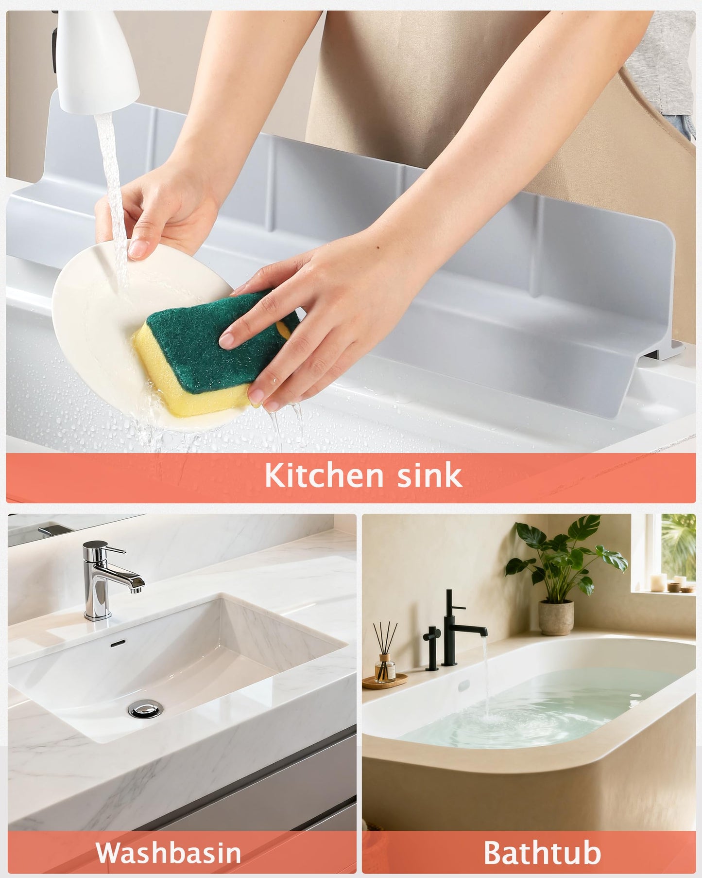 Akrelyan Kitchen Sink Splash Guard 18" 23" Self-Draining Silicone Water Guard with High Splash Wall & Strong Suction Cups for Faucet, Countertop & Sink Edge, Keeps Sinks Dry, Dishwasher Safe, Gray