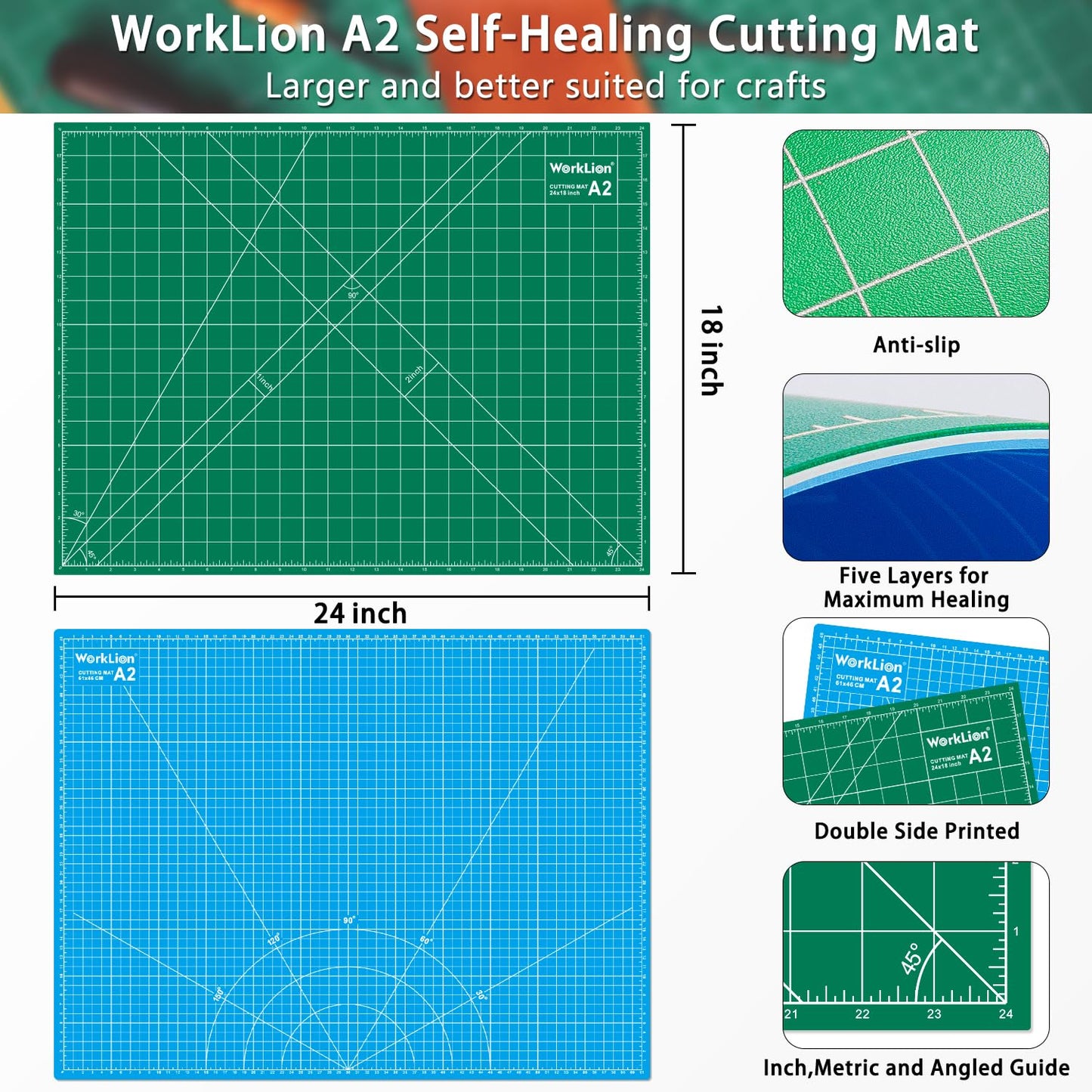 WORKLION 18'' x 24'' Large Self Healing PVC Cutting Mat, Double Sided, Gridded Rotary Cutting Board for Craft, Fabric, Quilting, Sewing, Scrapbooking - Art Project…